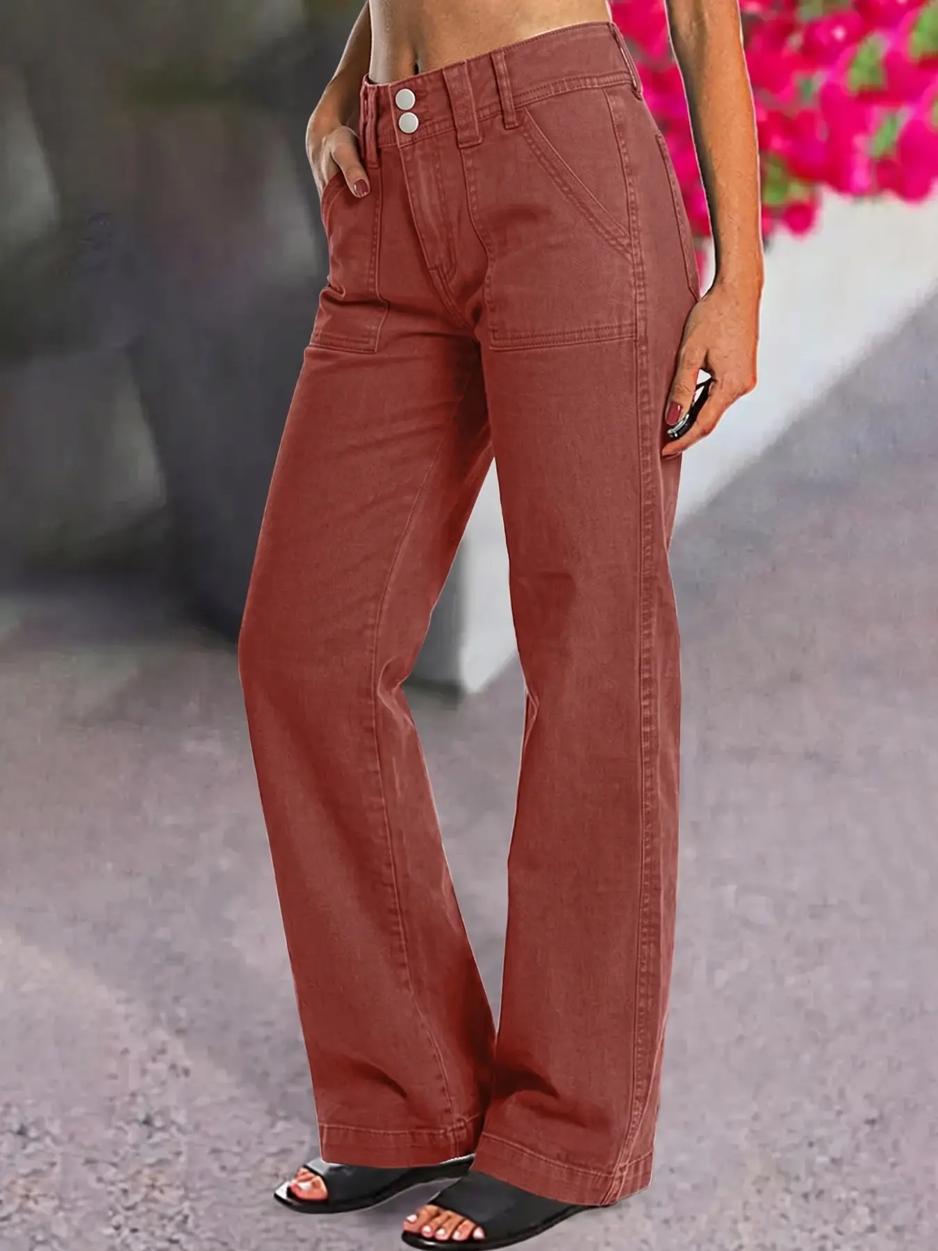 Women's Vintage Caramel Workwear Bell Bottom Jeans, Dual Button High Waist Symmetrical Front Pockets, Slim Fit Long Pants