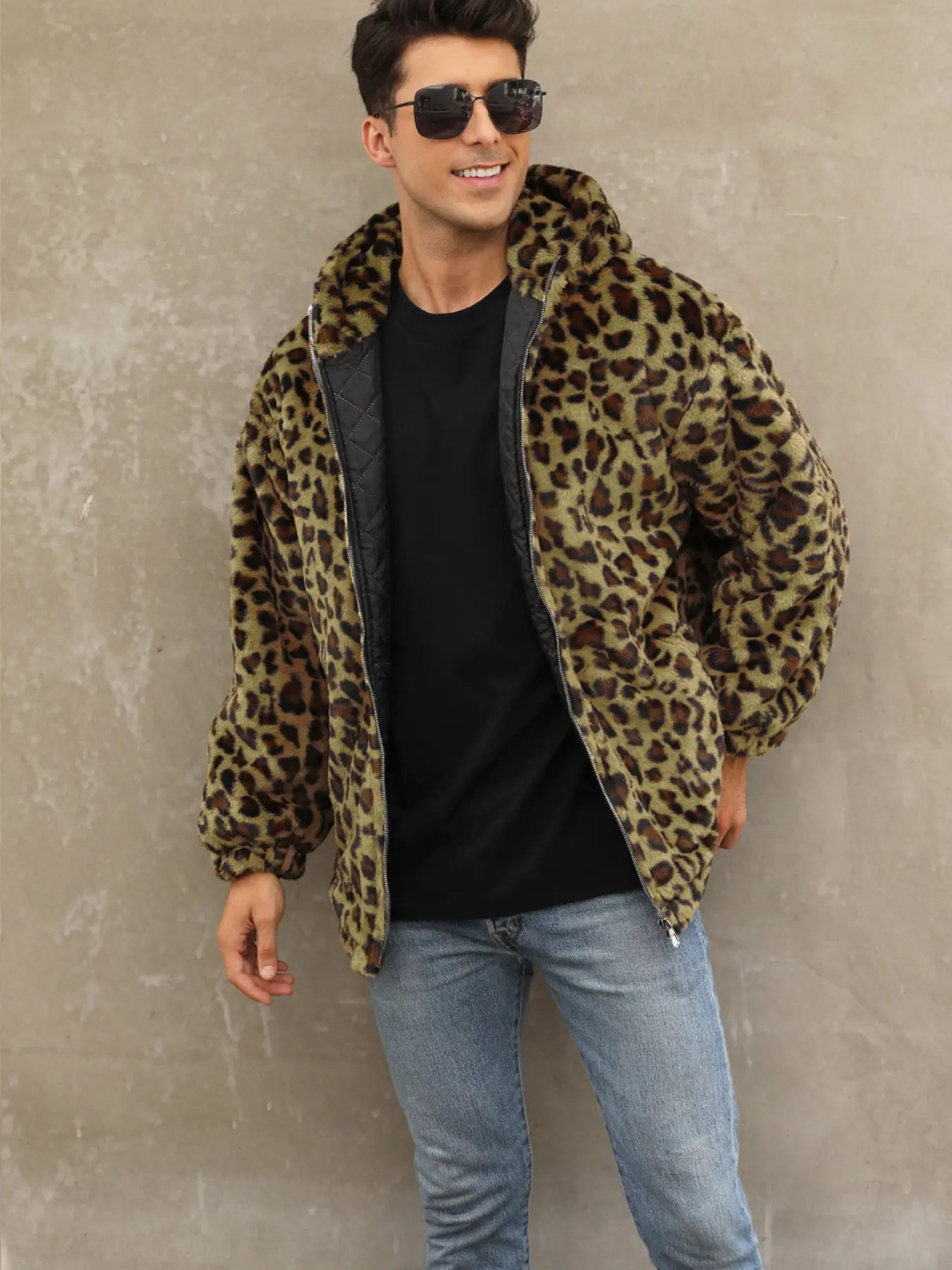 Men's Autumn Winter Warm Fuzzy Leopard Print Jacket, Zipper Hooded Coat, Stylish Outerwear for Cold Weather, Perfect for Layering
