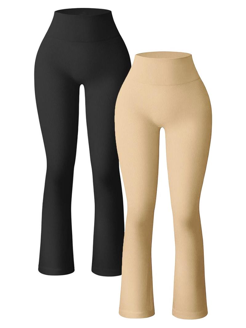 Women's Solid High Waist Sports Flare Leg Pants, Fold Over Flare Pants, Casual Comfy Breathable Seamless Yoga Bell Bottom Trousers for Gym Workout Running, High Stretch Leggings