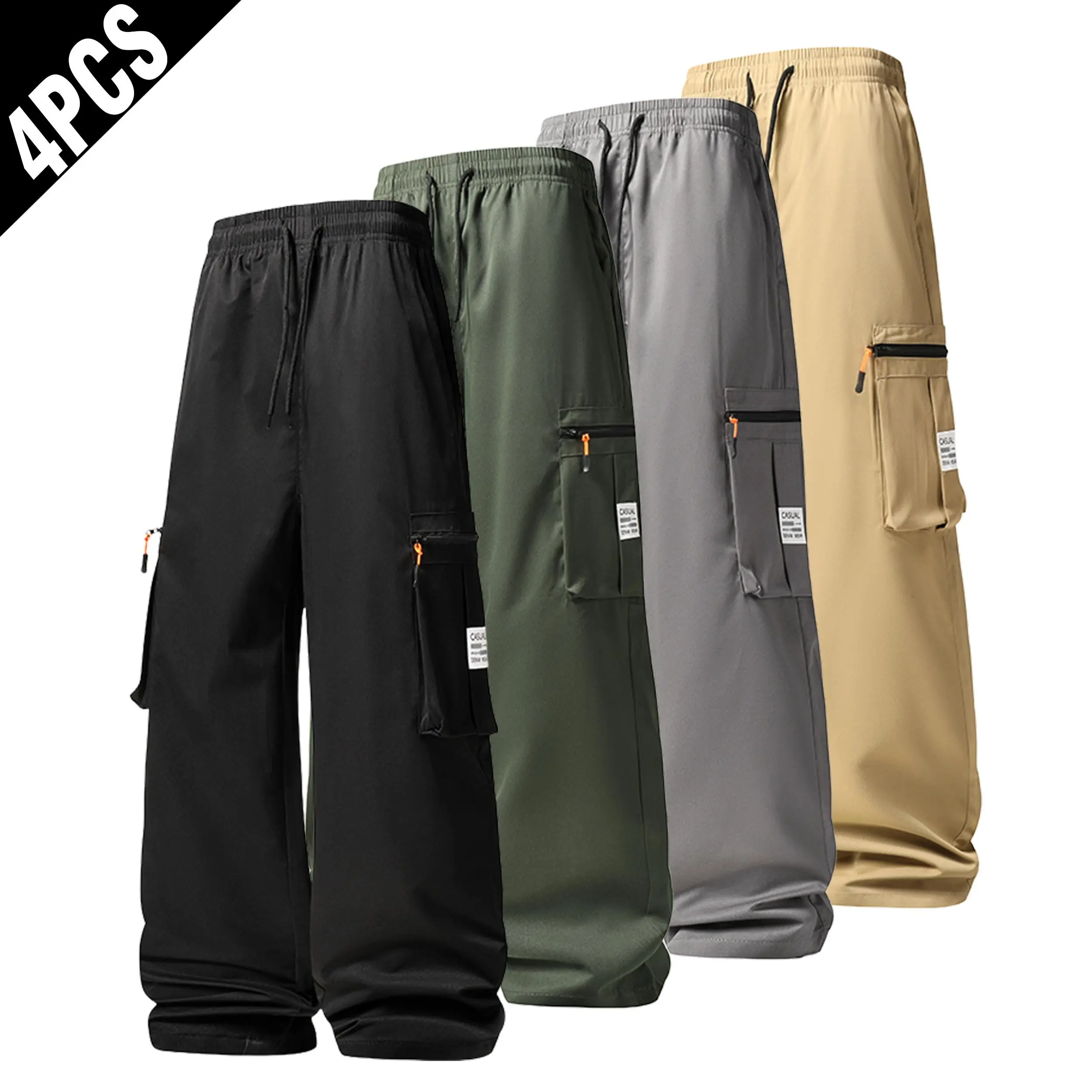 Men’s 4-Pack Cargo Pants - Baggy Fit Wide Leg Utility Look Trousers with Drawstring Elastic Waist, Multi Zippers Pockets, All Seasons Work & Streetwear Casual Bottoms