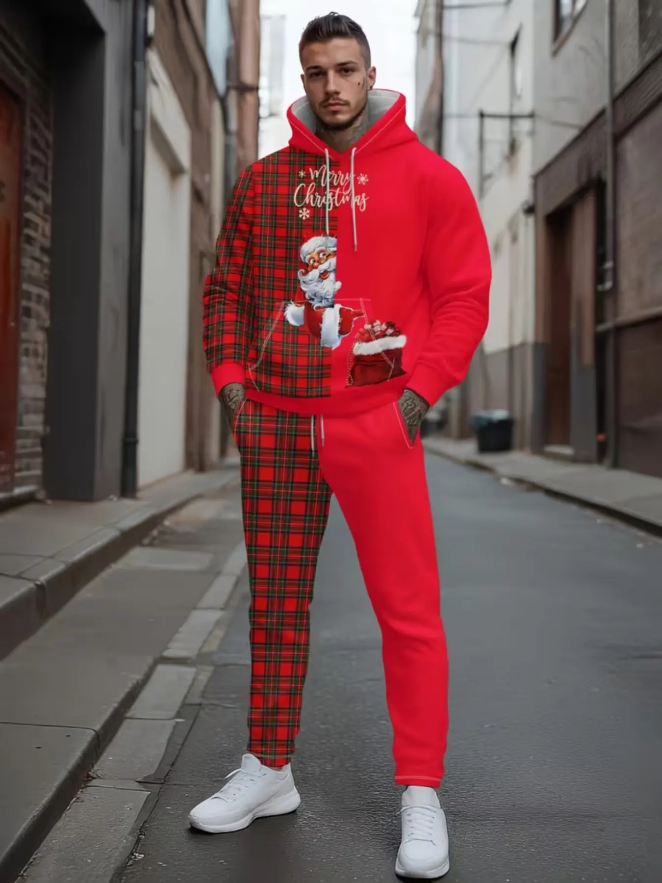 Christmas Theme Hooded Sweatshirt Set for Men, Holiday Casual Sports Wear, Snowflake Pattern Fashionable, Spring & Fall