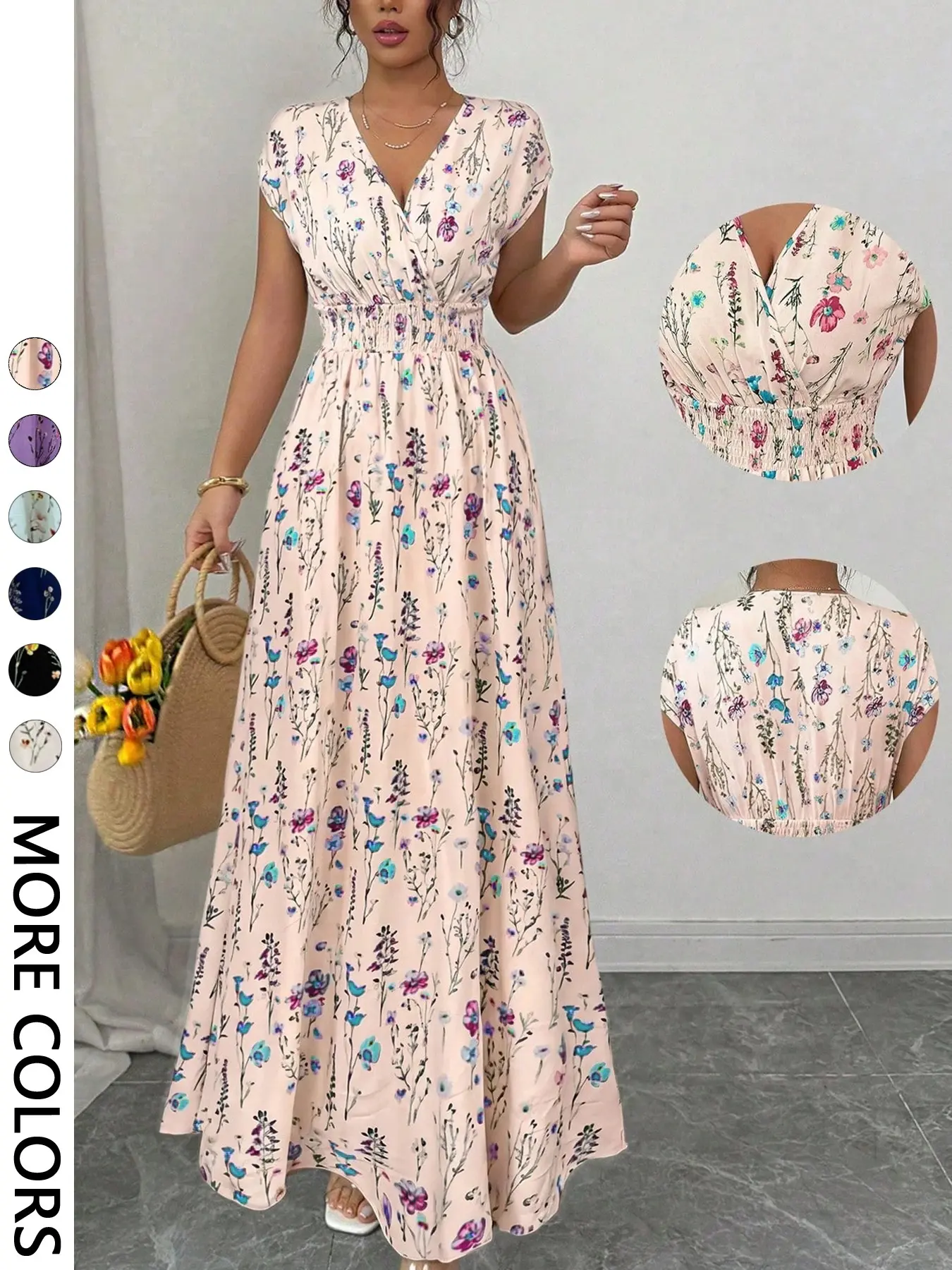 Women's Floral Long Dress, Boho Holiday Dress, Beach Vacation Style, Casual, Elastic Waist V-Neck Flowy Halter Dress, Elegant Chic Summer, Perfect for Relaxing Days