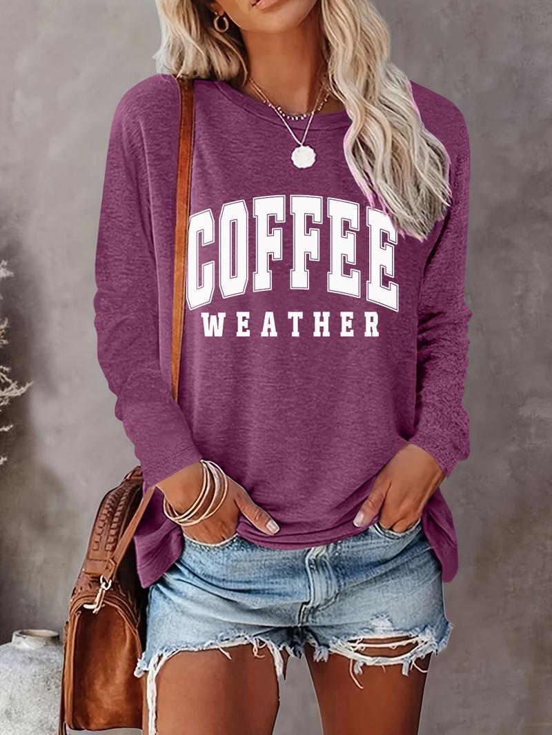 Women's Letter Print Crew Neck T-shirts, Casual Long Sleeve Round Neck T-shirts for Spring & Fall, Fashion Women's Top for Daily Wear