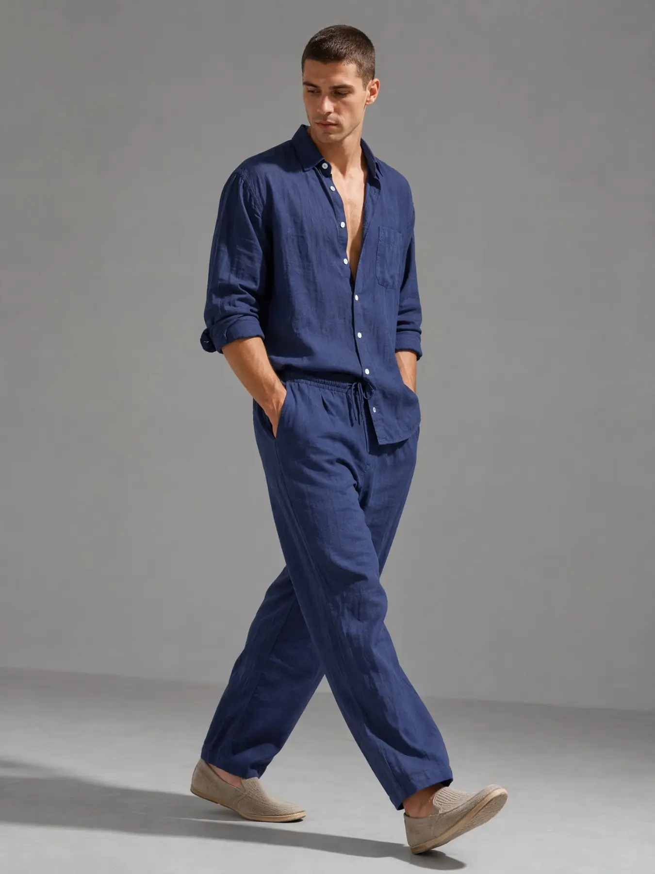 Men's Linen Summer Casual Loose Fit Beach Vacation Set, Henry Hooded Long Sleeve Pants, Multi-Color Sport Suit, Comfortable and Stylish, Menswear