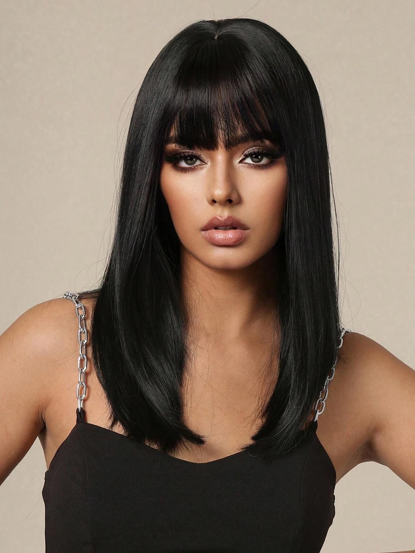 16 Inch Layered Body Wave Synthetic Wig with Bangs Heat Resistant Yaki Fiber Amazon.com : Allbell Body Wave Wig with Bangs Medium Length  main image 2