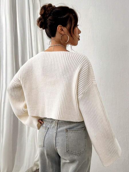 Casual Solid Color V Neck Drop Shoulder Crop Ribbed Knit Sweater