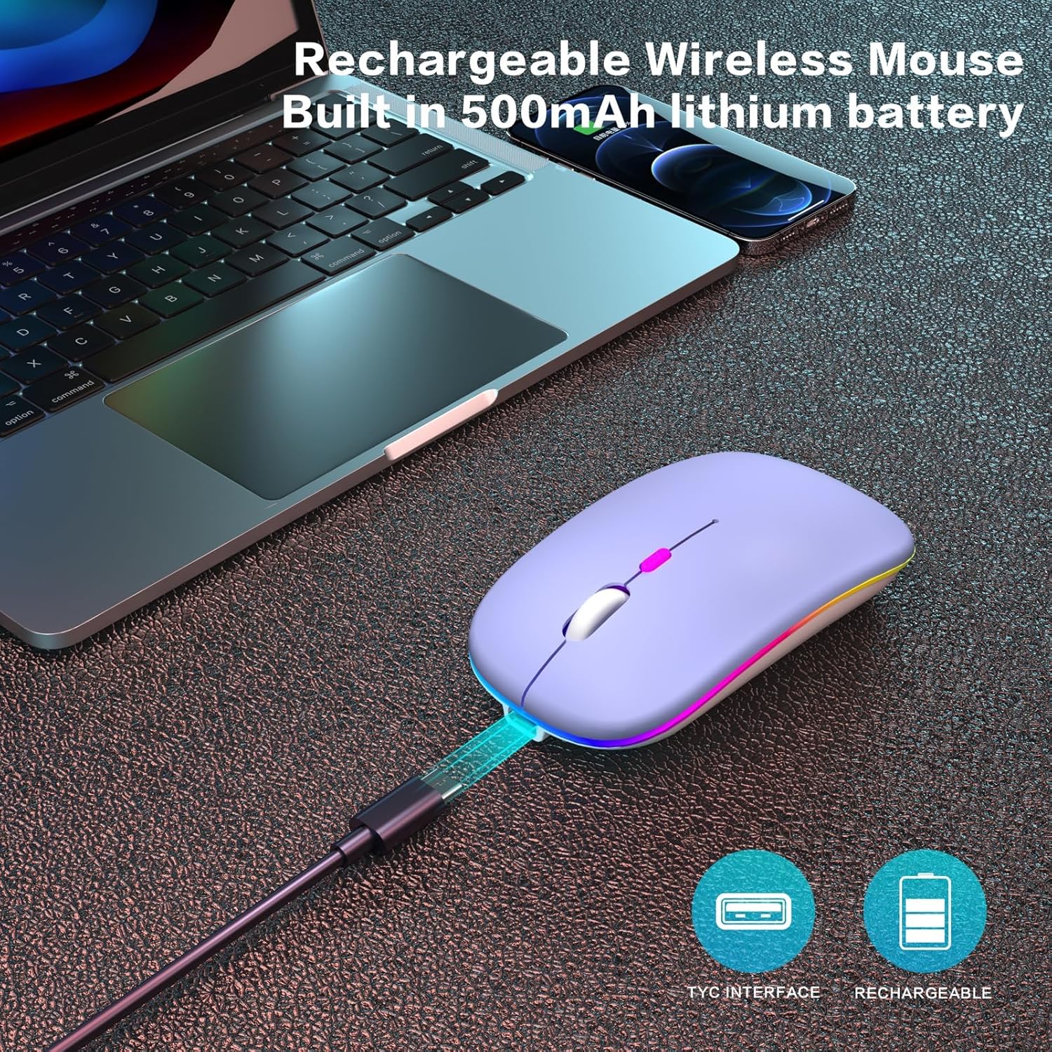 Rechargeable Laptop Mice with LED Use Portable(BT5.2 and USB 2.4G) Dual Mode Connection Silent Slim Computer for Laptop/iPad Tablet/ MacBook/PC (Purple) Rechargeable Laptop Mice with LED Use Portable(BT5.2 and USB 2.4G) Dual Mode Connection Silent Slim Computer for Laptop/iPad Tablet/ MacBook/PC (Purple)