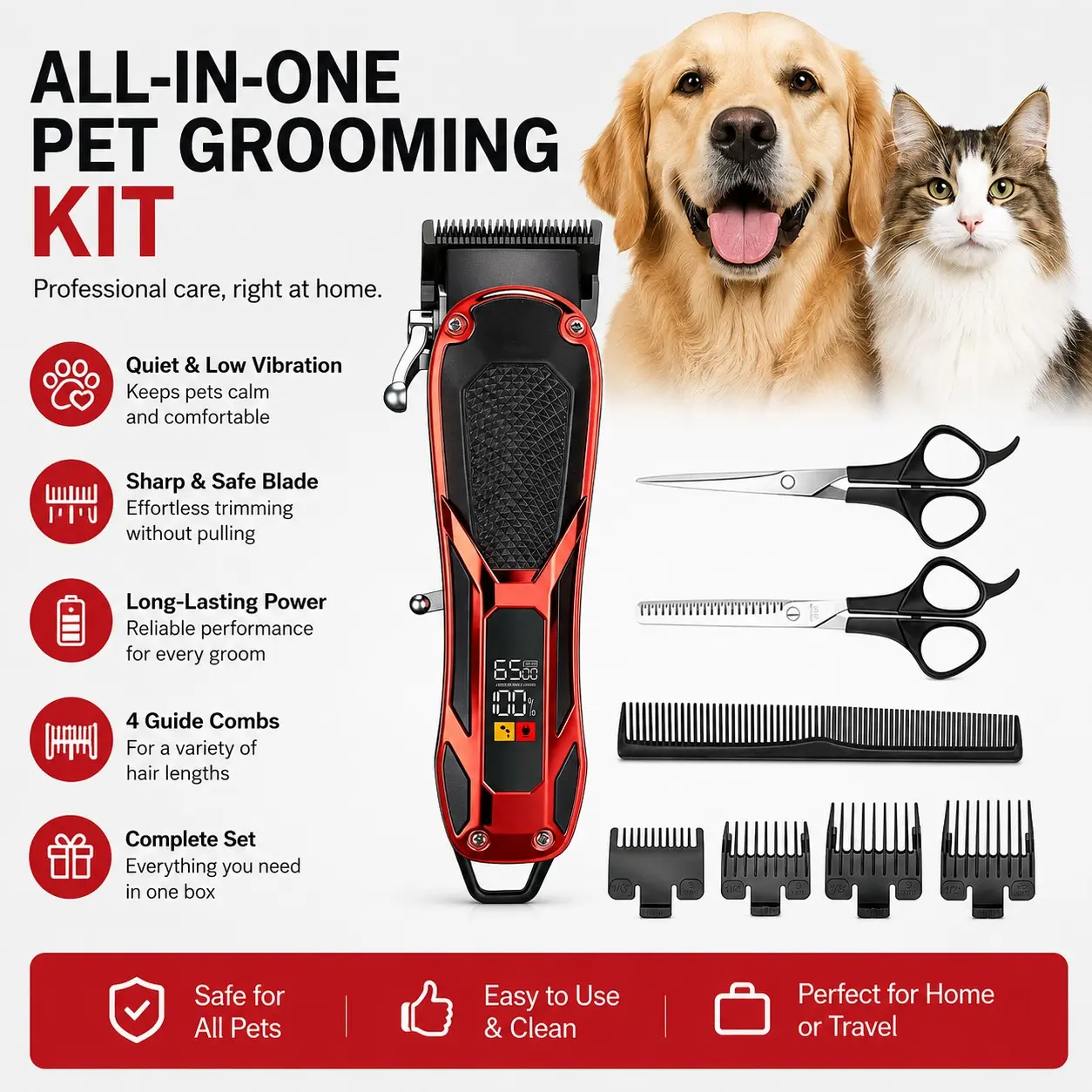 5-In-1 Pet Grooming Kit, Professional Dog & Cat Grooming Tools, Electric Hair Trimmer Set, Essential Pet Care Accessories for Home Use