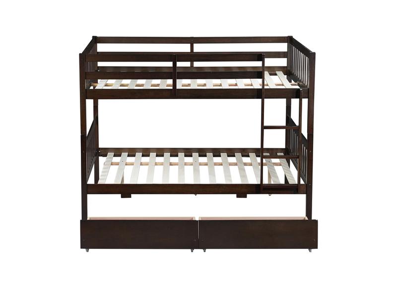 full Over full Rubber Wood Bunk Bed with 2 Drawers, Convertible into 2 full Beds, full Size Bunk Bed with Ladder and Safety Guardrails ,Espresso