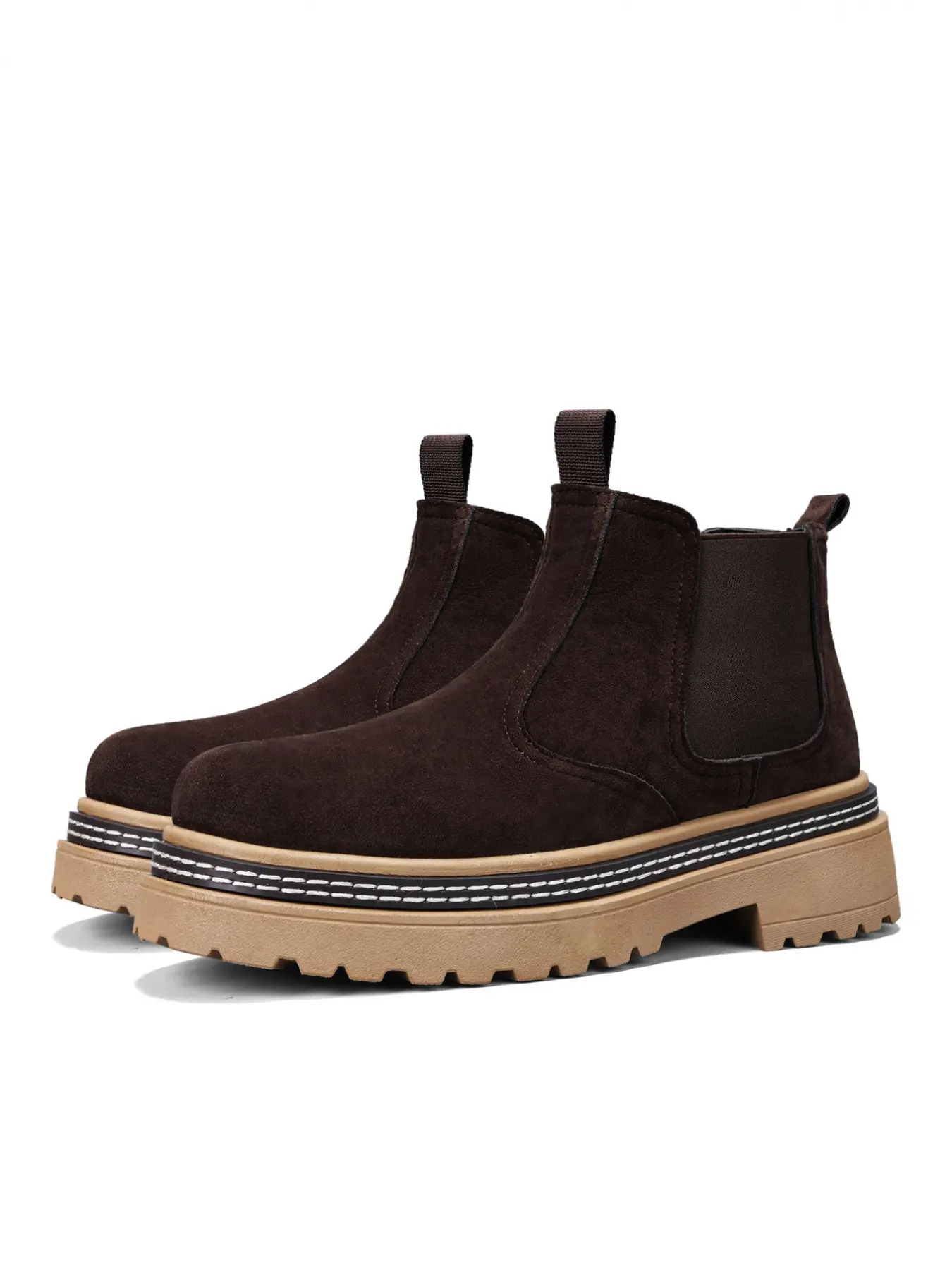 Unisex Dark Brown Suede Chelsea Boots: Retro Suede Texture, Height Boost, Elastic Side Panels. For Streetwear/Retro Styling