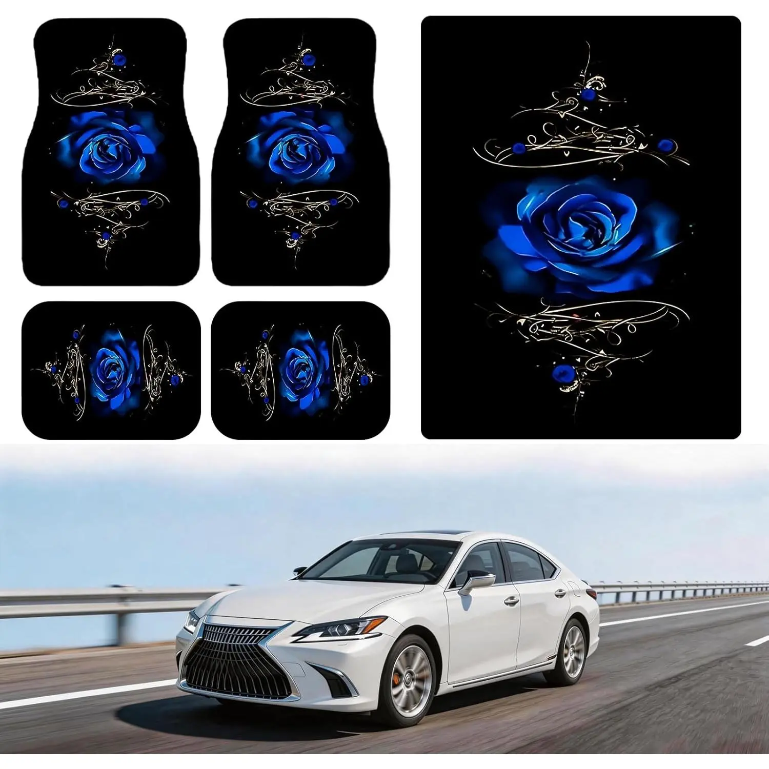 Universal Fit Car Floor Mats & Trunk Mat Set of 5Pcs, Blue Rose Print All-Weather Front Rear Floor Mats with Cargo Liner, Non-Slip Car Mats Cargo Mat Automotive Accessories for Cars Trucks SUVs