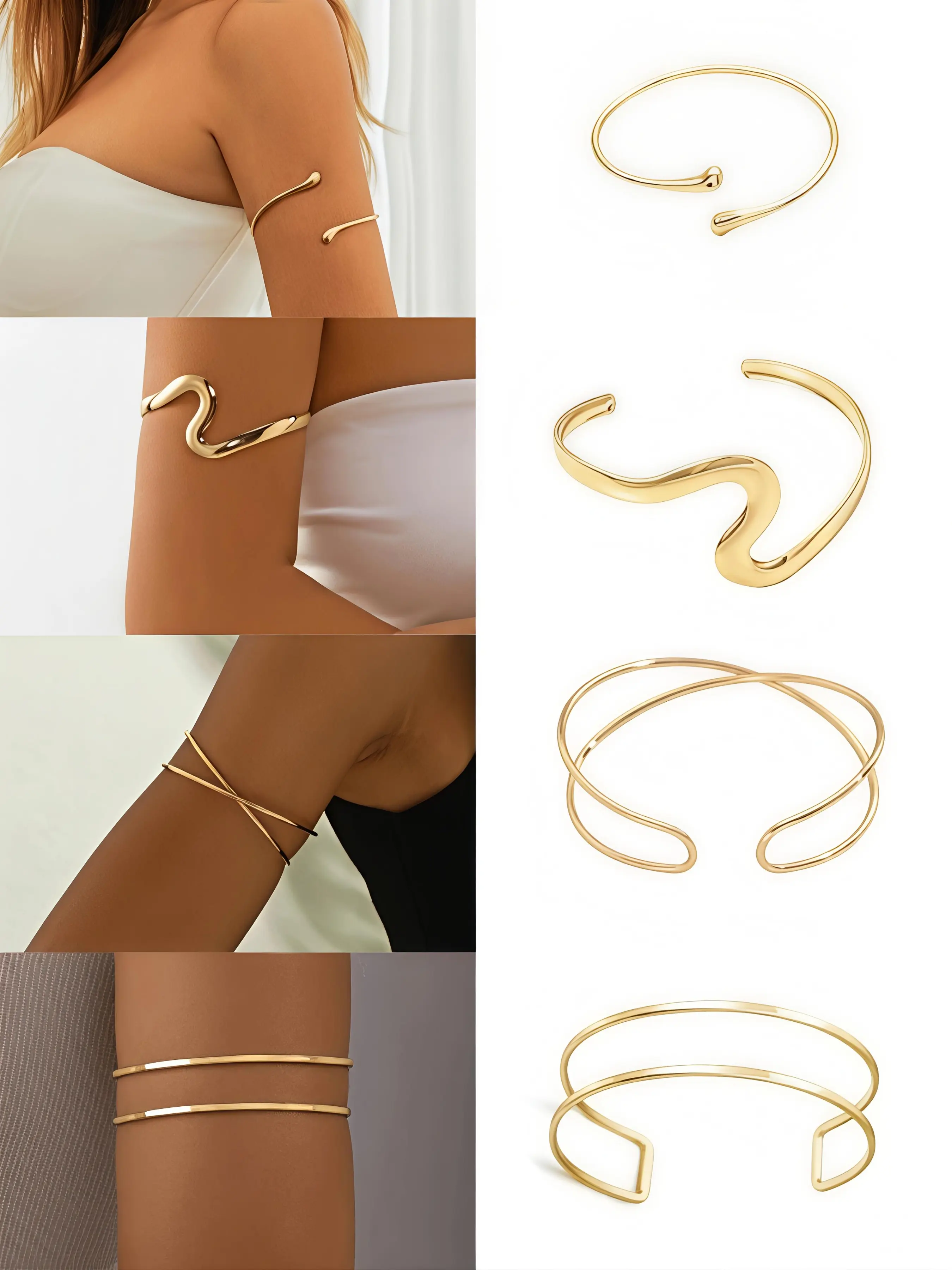 4-Piece Bohemian Premium Gold-Tone Arm Cuff Set, Minimalist Layered Upper Arm Accessories For Women, Suitable For Beach Party Outfits, Summer Jewelry