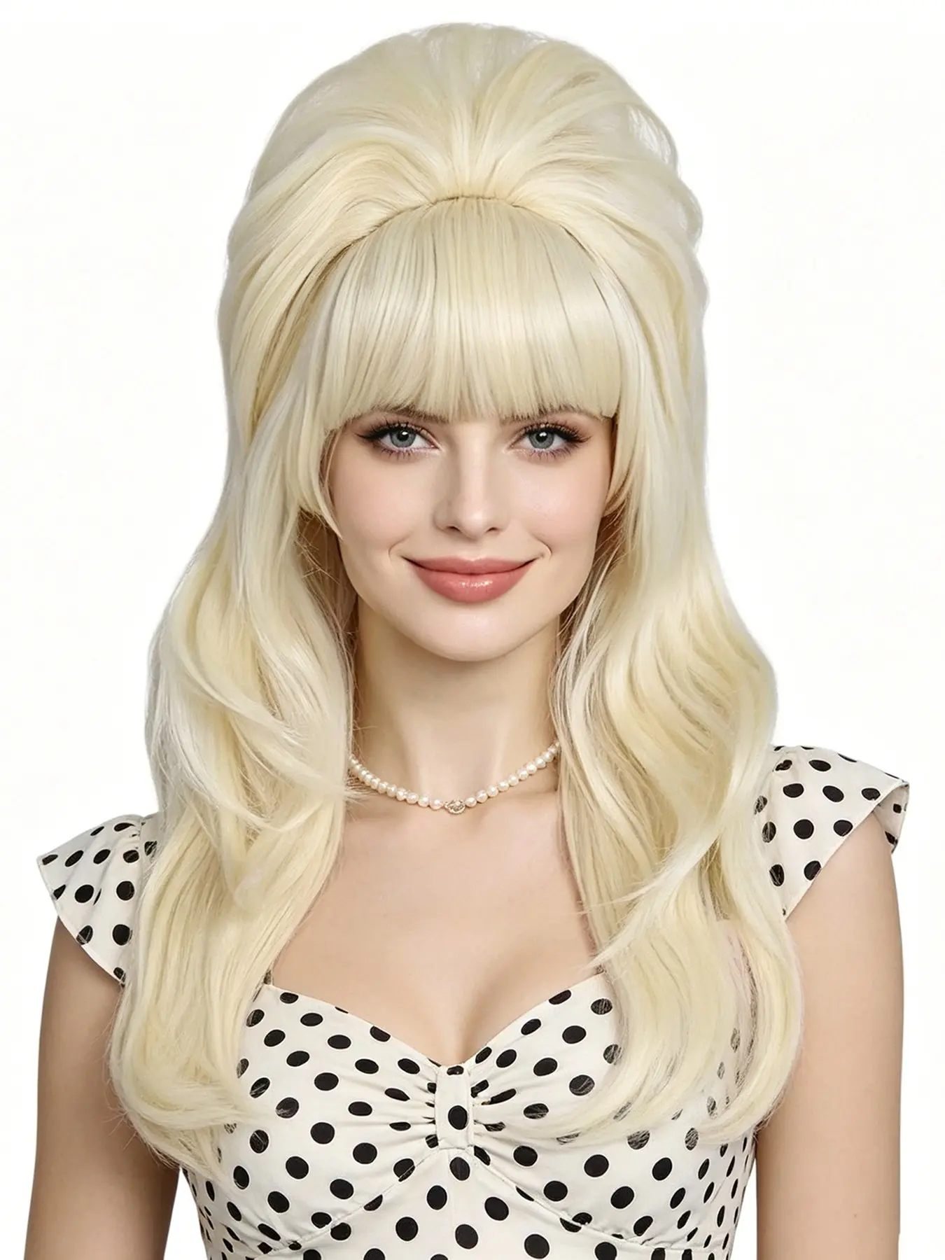 Light Gold 60s Retro High Volume Bangs Medium-Length Wig, Wigs with Bangs, Soft Shiny Wave Texture, Perfect for Y2K, Halloween, Disco, Beach Photoshoots