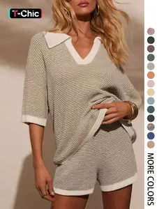 Women's Spring Summer Elegant Casual Sweater Set Short Sleeve Lapel Shorts Two-Piece Vacation Elegance Casual Loungewear Set (random Striped)