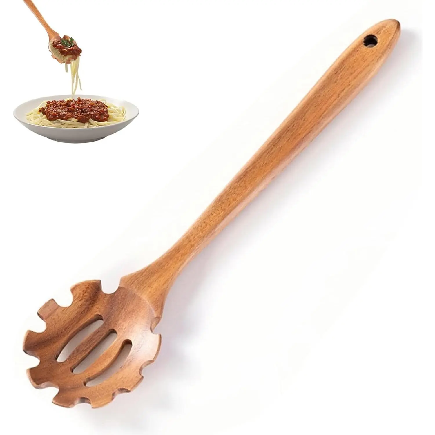 Pasta Spoon with Teeth Wooden Spoons for Cooking Acacia Wood Spaghetti Spoon Pasta Fork Noodle Scoop,Elaborately Polished Wooden Spaghetti Server with Teeth