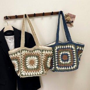 Grandmother Grid High-End Single-Shoulder Straw Bag for Women, Hand-Woven Bag with Large Capacity Canvas Lining, Beach Tote Bag