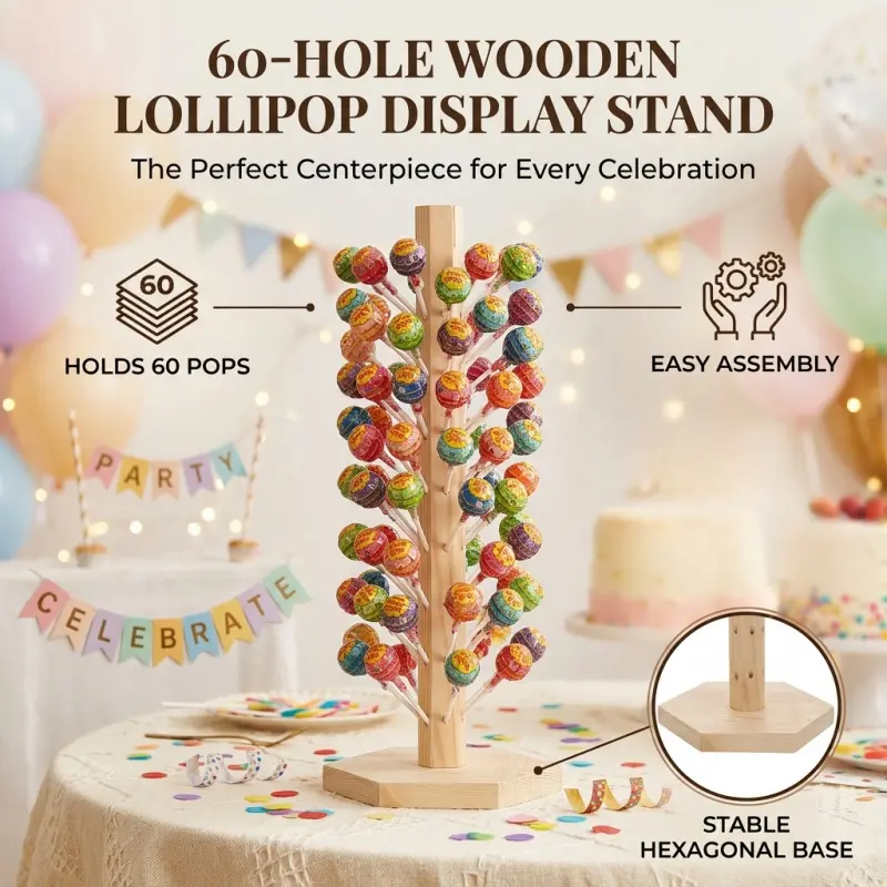60 Hole Wooden Lollipop Display Stand, Hexagonal Stand Base Tree Shape Candy Pop Holder for Birthday Party, Wedding & Dessert Table Decoration