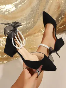 2026 Summer Pointed Toe Pearl Bow Fashionable Heeled Sandals, Velvet Backless Strap High Heel Shoes, Wedding Party Office Women's Footwear