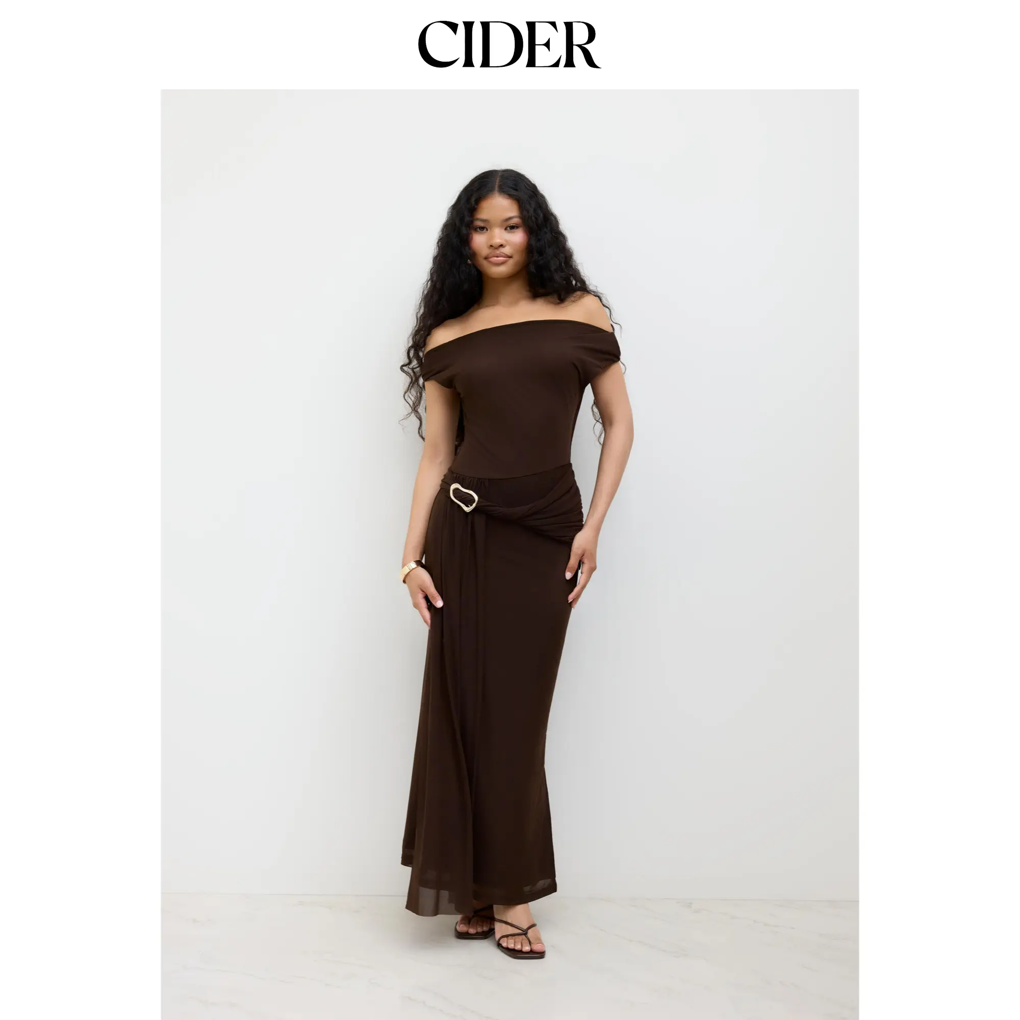 Cider Mesh Asymmetrical Neck Ruched Draped Maxi Dress
