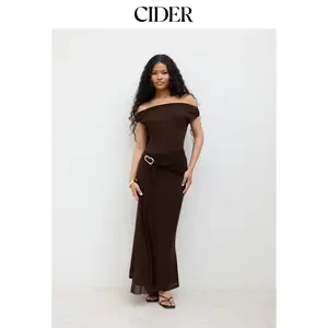 Cider Mesh Asymmetrical Neck Ruched Draped Maxi Dress