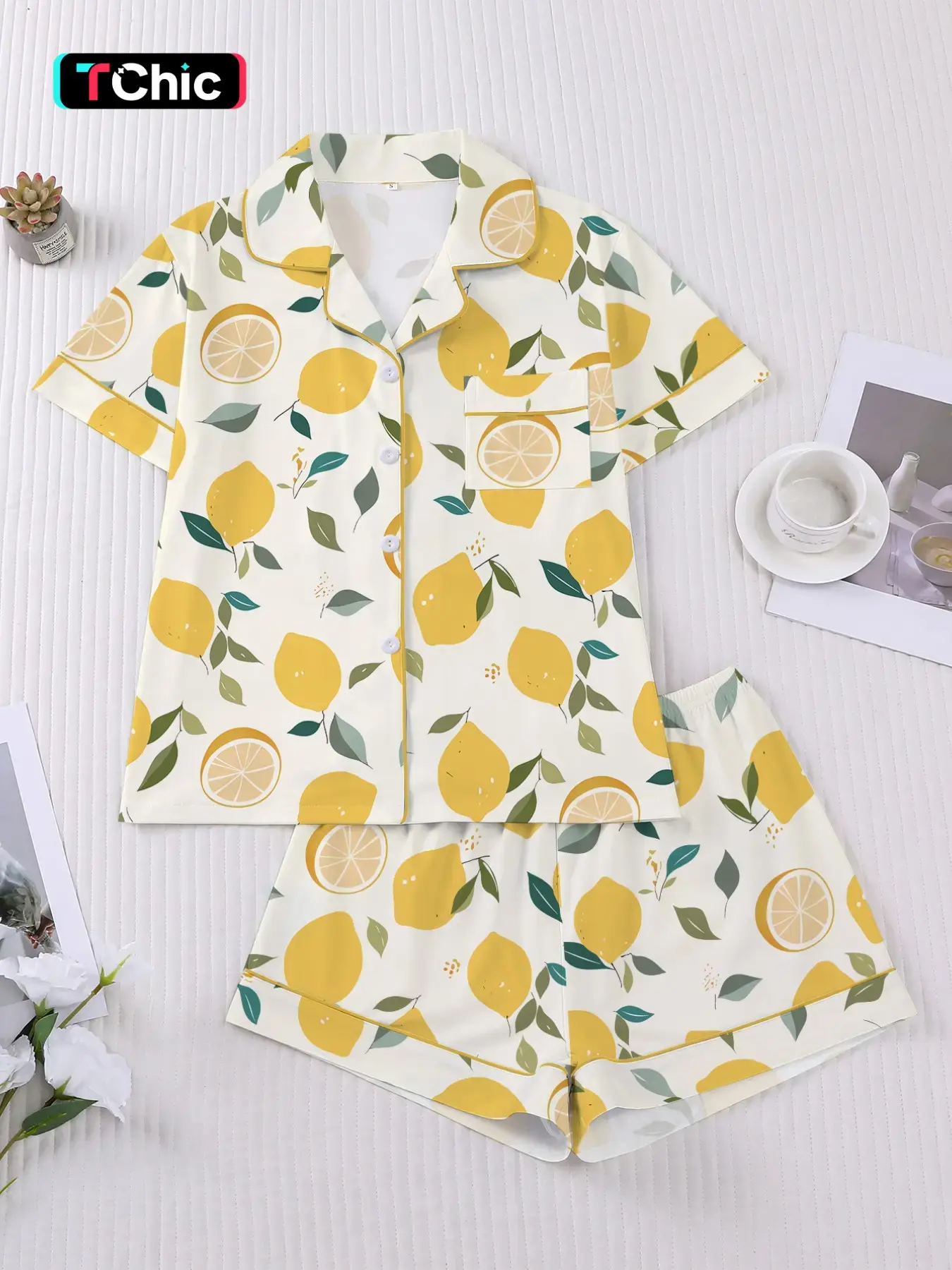 Women's Lemon Print Pajama Set, Short Sleeve Button Front Top & Elastic Shorts, Elegant Fitted Sleepwear, Loungewear, Comfortable Home, Pyjamas