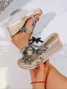 Summer Fairy Style Wedge Sandals for Women, Rhinestone Butterfly Slide-On Thick Sole Heeled Outdoor Slippers, Comfortable and Stylish Footwear