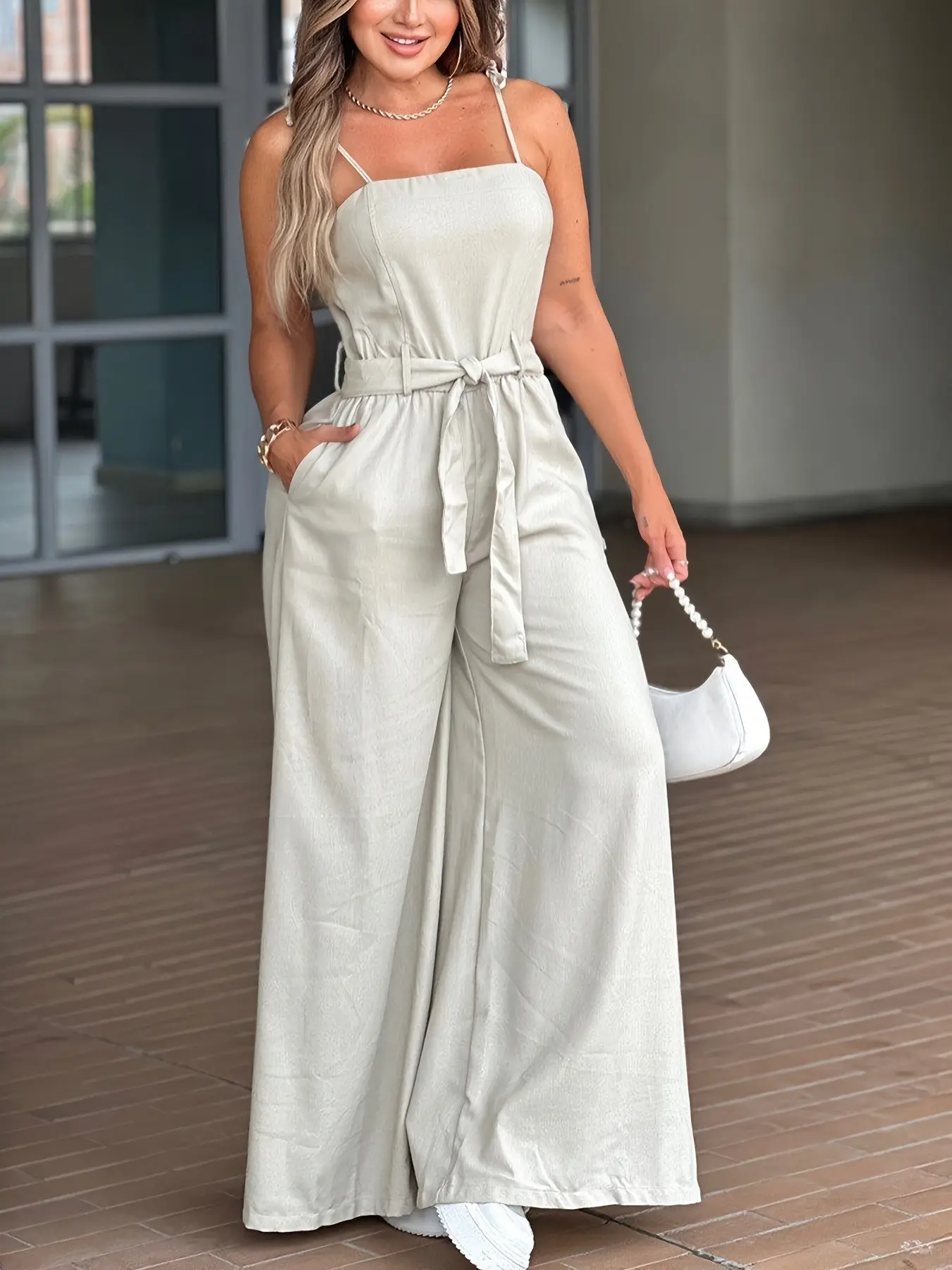 Cream White Jumpsuit Women Sleeveless Tie Strap Wide Leg One Piece Belted Waist Square Neck Long Pants Romper Textured Casual Chic Vacation Resort Travel Bridal Shower Graduation Brunch Outfit