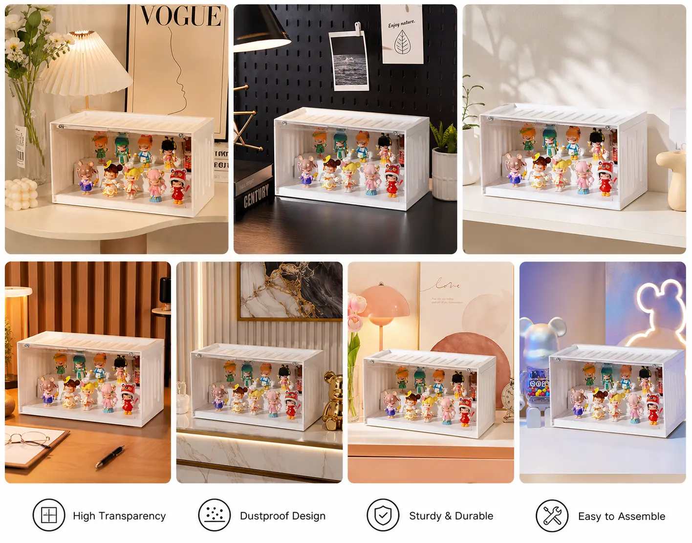 Clear Display Case for Figures, Stackable Dustproof Toy Storage Box with Transparent Door, Desktop Collectible Organizer for Dolls, Miniatures & Decorations