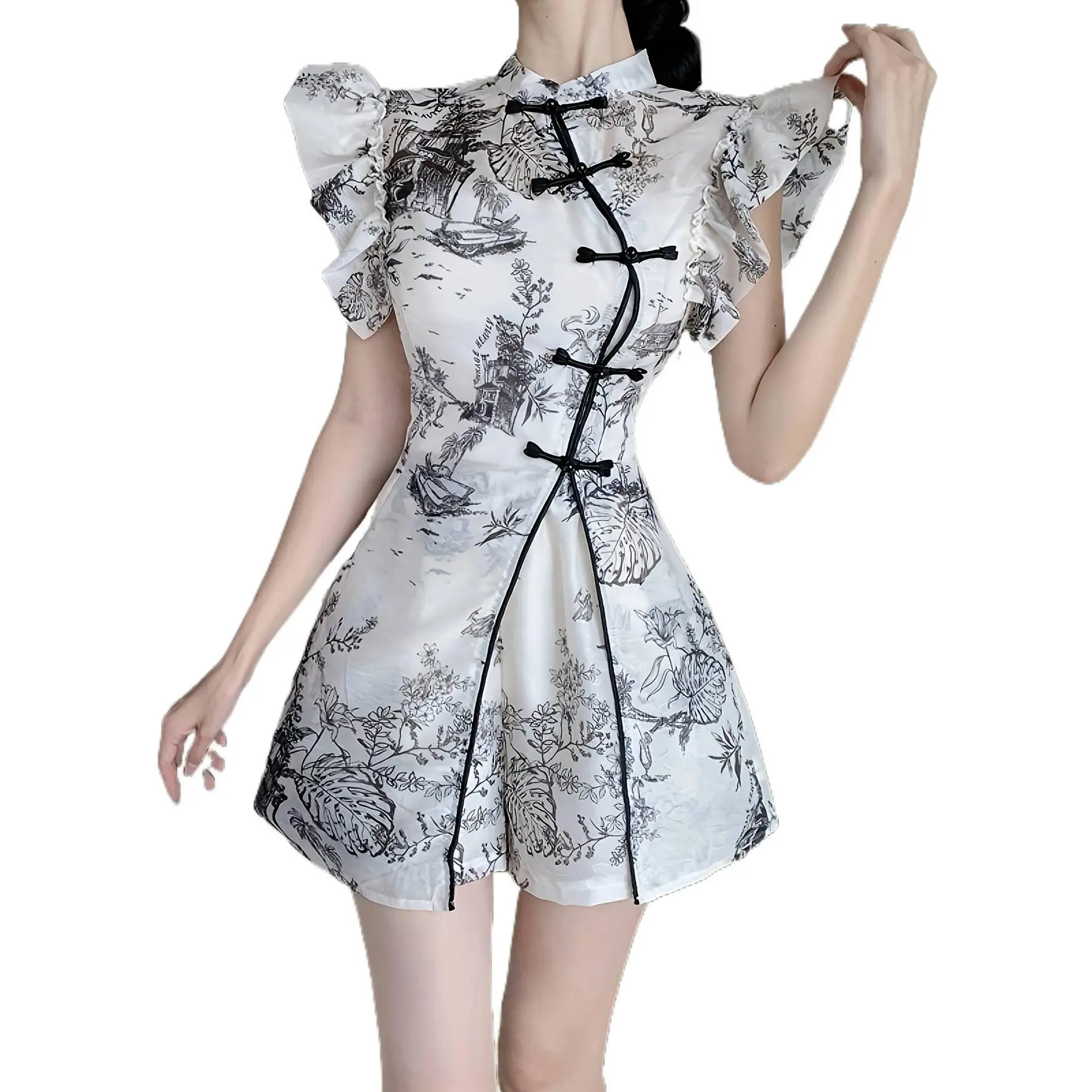 Women Asian Ink Painting Print Cheongsam Dress, Elegant Slim Qipao, Fashion Outfit For Dinner Party And Weekend Gathering