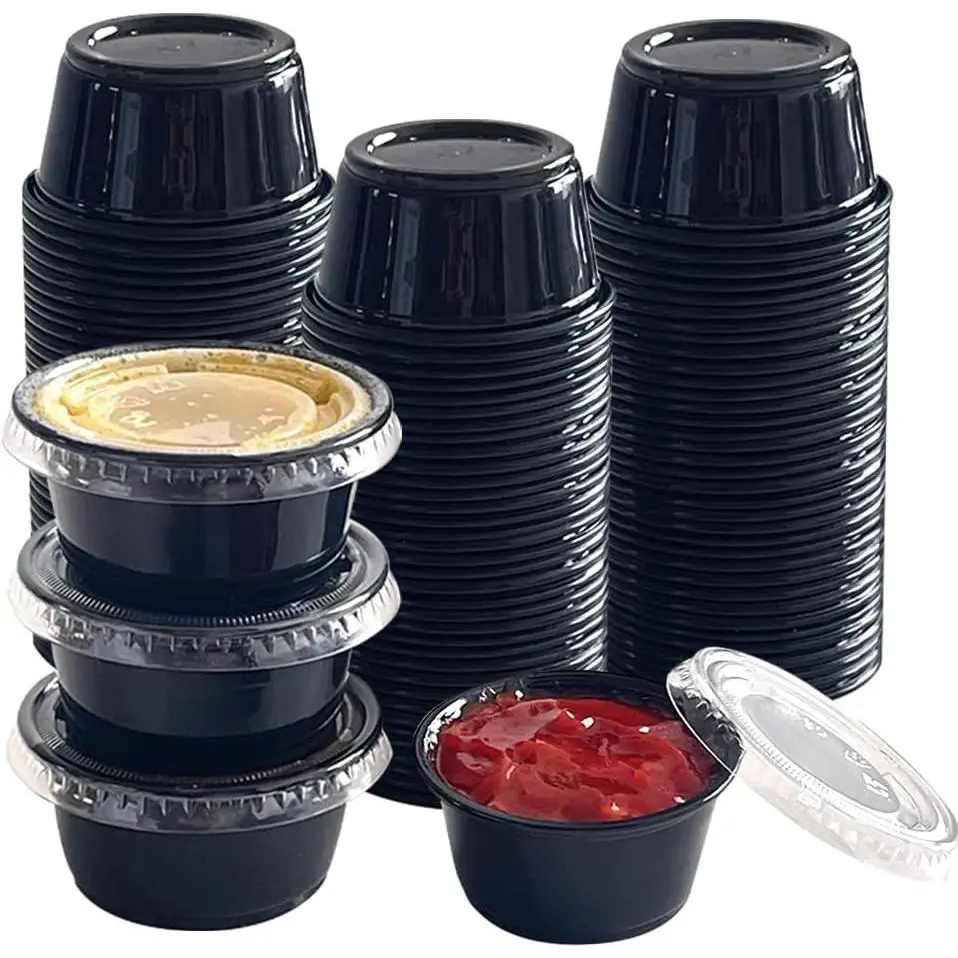 2oz Black Condiment Cups with Lids 50 Pack Jello Shot Cups Dipping Sauce Cups Portion Containers Ideal for Sauces