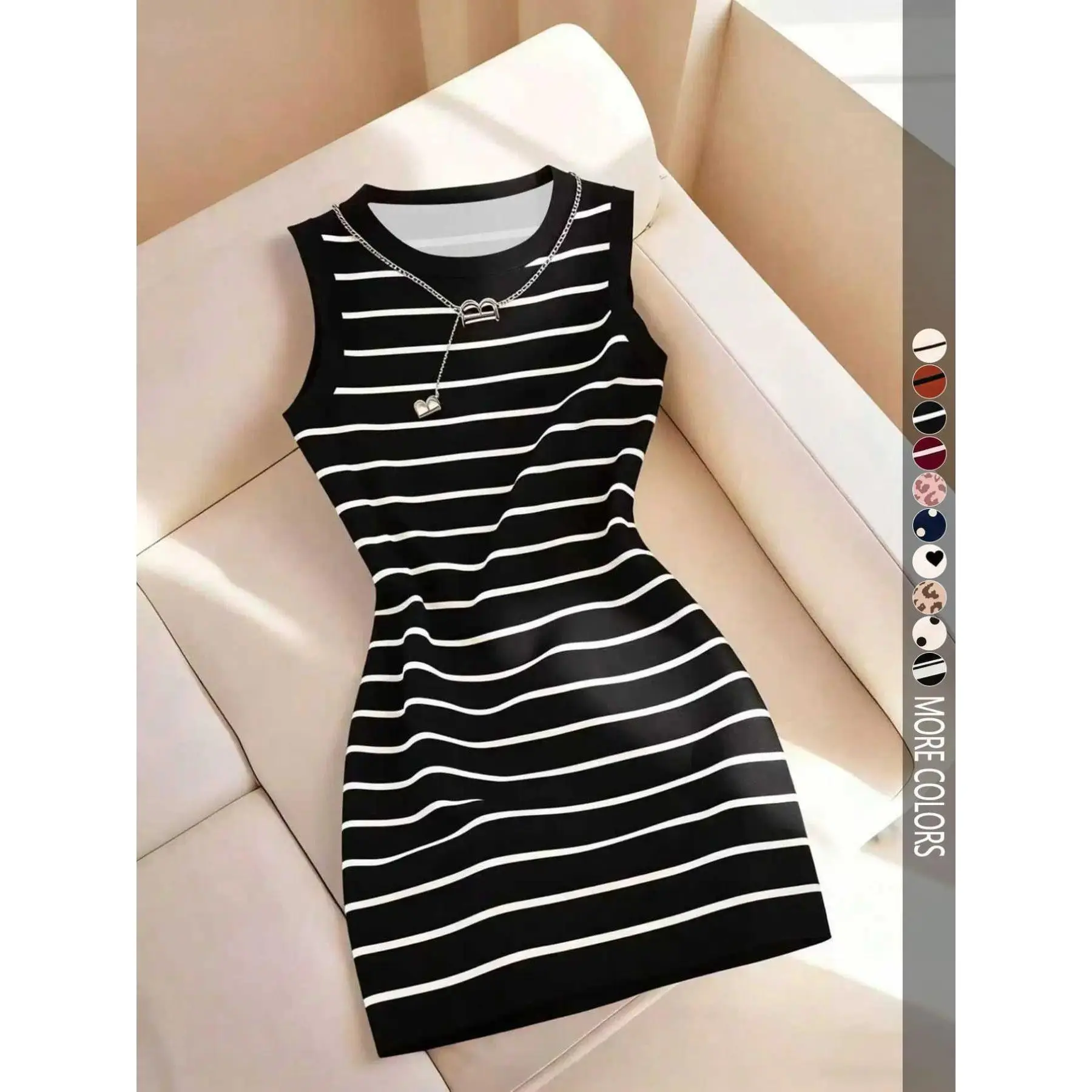 Women’s Striped Bodycon Midi Dress, Sleeveless Round Neck Slim Fit Casual Summer Dress, Elegant Everyday Outfit