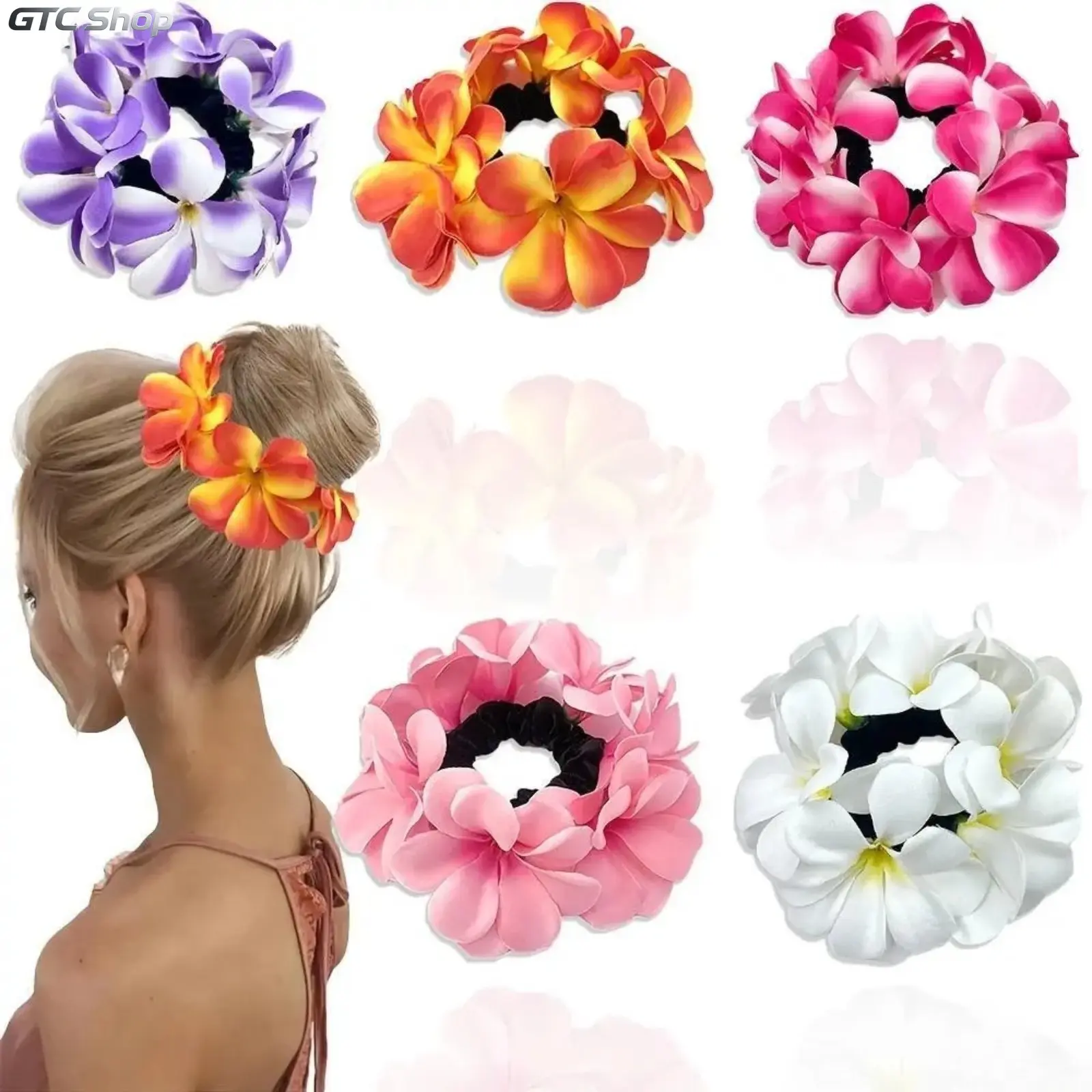 Women's 5-Piece Mixed Color PVC Hawaiian Plumeria Flower Scrunchies - Colorful Hair Ties, Tropical Boho Hair Accessory for Beach Vacation, Resort Wear