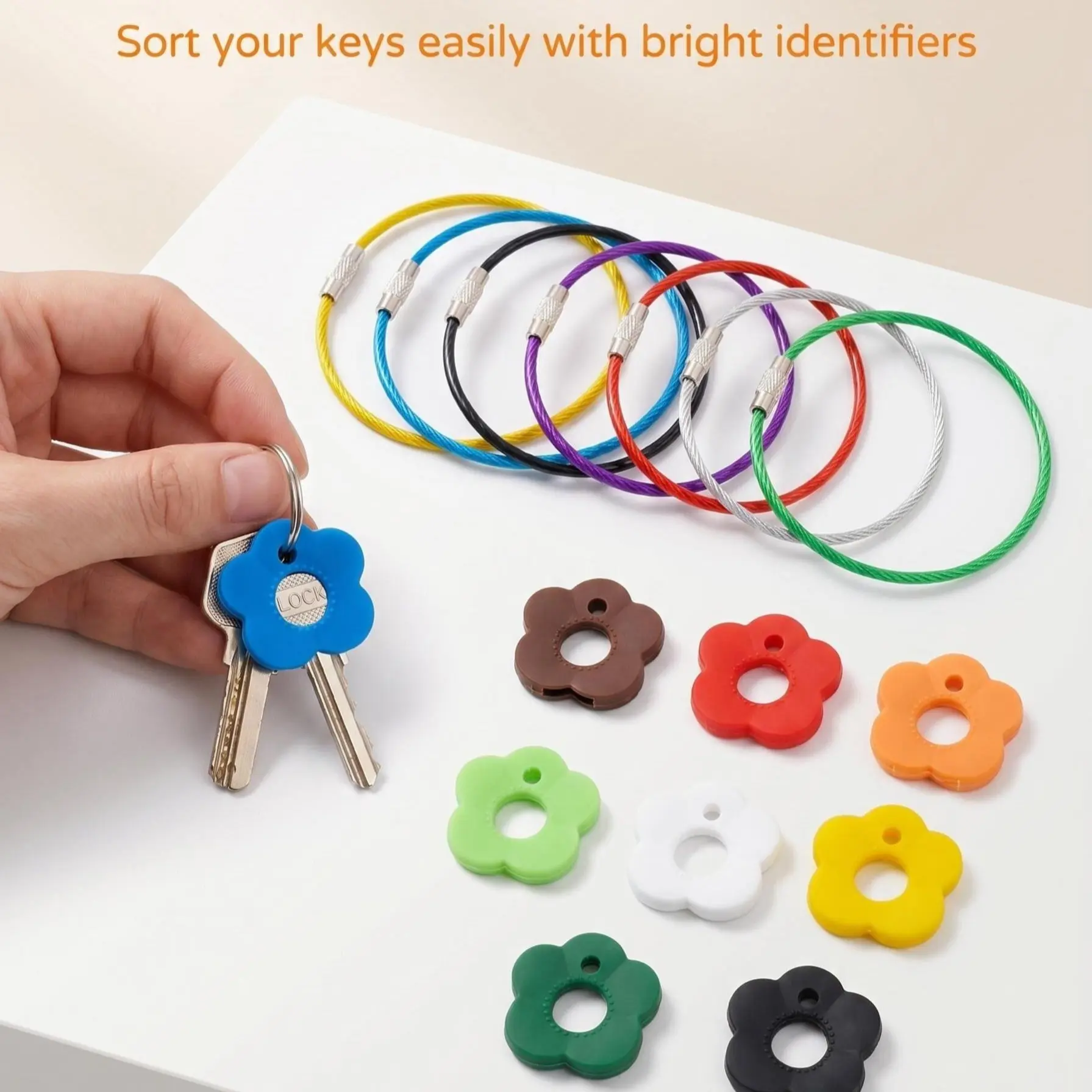 8-Set, 16-Piece Pack (8 Steel Wire Key Rings + 8 Flower-Shaped Key Covers) — Colorful, Elastic Silicone Key Covers & Identifiers with Steel Wire Rings (Flower Shape); Key Cap Colors Shipped at Random