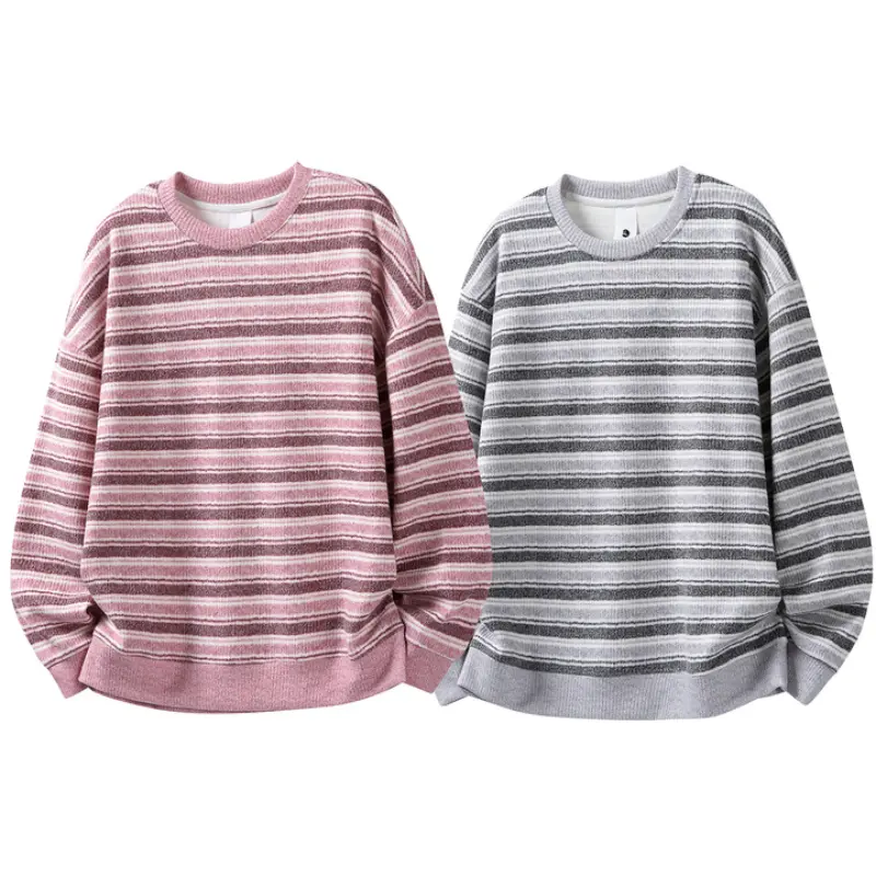 Horizontal striped crewneck sweatshirt made of textured soft knit fabric, relaxed dropped‑shoulder silhouette with ribbed cuffs and hem, muted neutral tone palette for effortless vintage casual daily outfits#sohochic