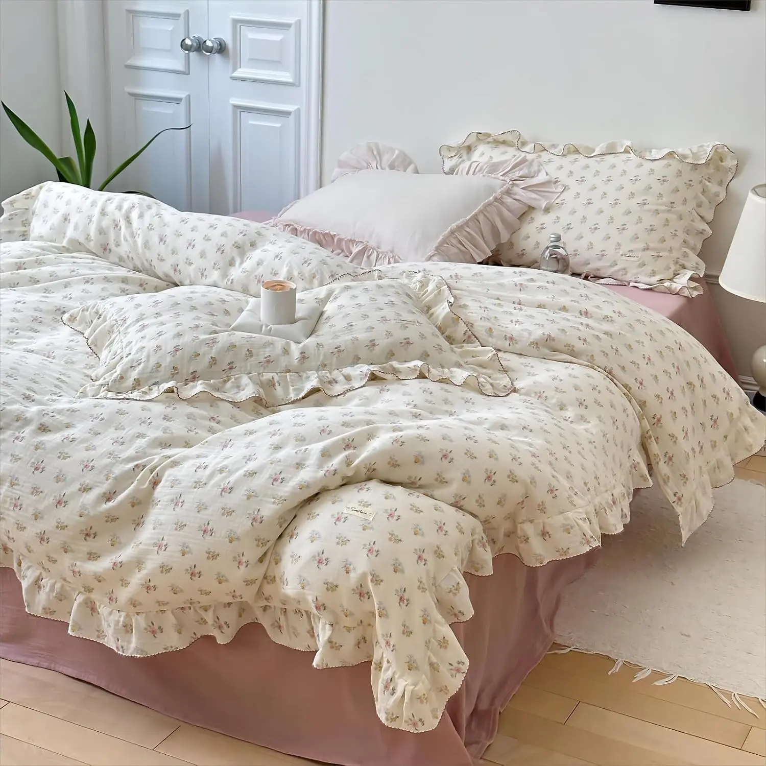 Twin 100% Cotton Muslin Duvet Cover with Ruffles, Shabby Chic Floral Vintage Farmhouse Comforter/Quilt Cover, 68"x86", Zipper Closure, No Pillow Sham (for Kids)