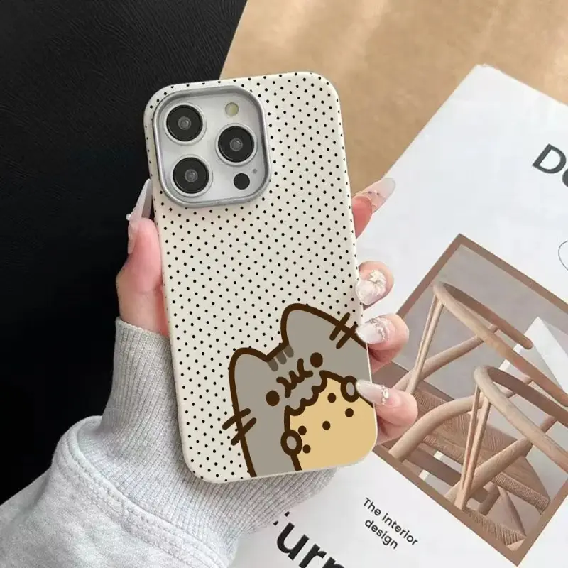 Cute Pusheen Cat Polka Dot Phone Case, Cream White Soft Silicone Shockproof Cover for iPhone 17 Air 16 Pro Max 15 14 Plus 12 13 11