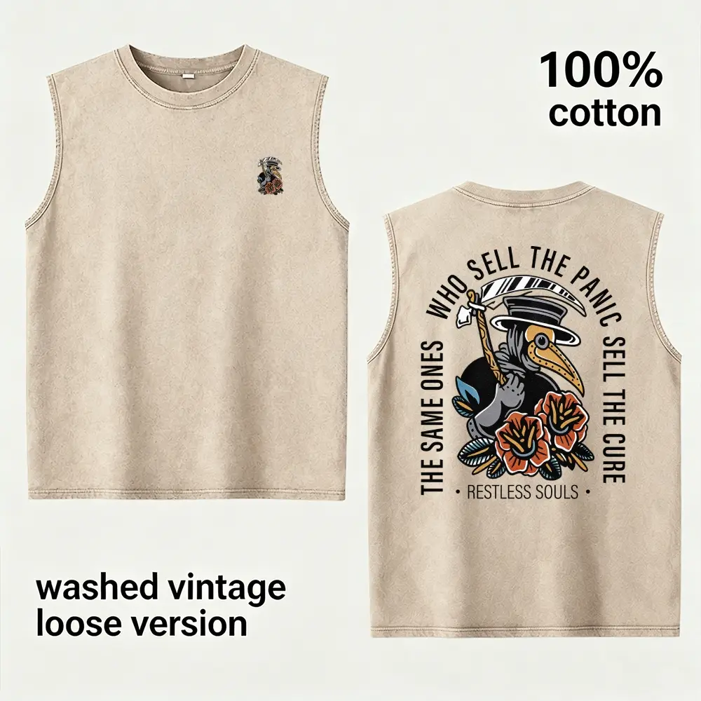 Vintage Washed Loose Men’s 100% Cotton Sleeveless Tank Top, Plague Doctor Floral "The Same Ones Who Sell The Panic Sell The Cure" Double-Sided Graphic Muscle Vest, Distressed Retro Cut Off Sleeveless T-Shirt, Soft Breathable Dark Grunge Streetwear, Perfec