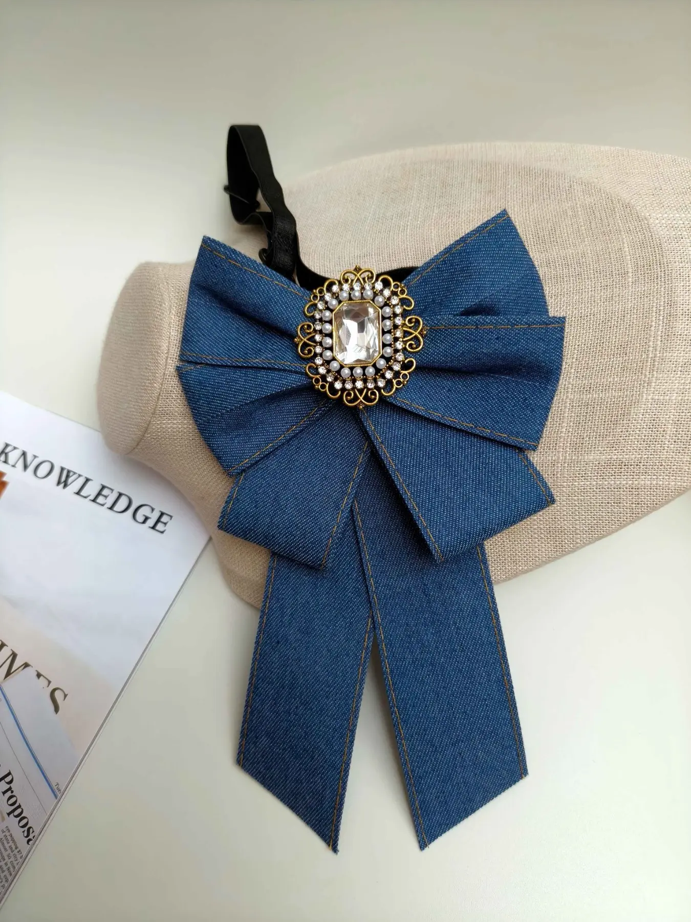 Vintage Denim Bow Tie, Dual-Layer Butterfly Knot with Dangling Ribbon, Adjustable Strap, Perfect for Jeans, Weddings, Photoshoots