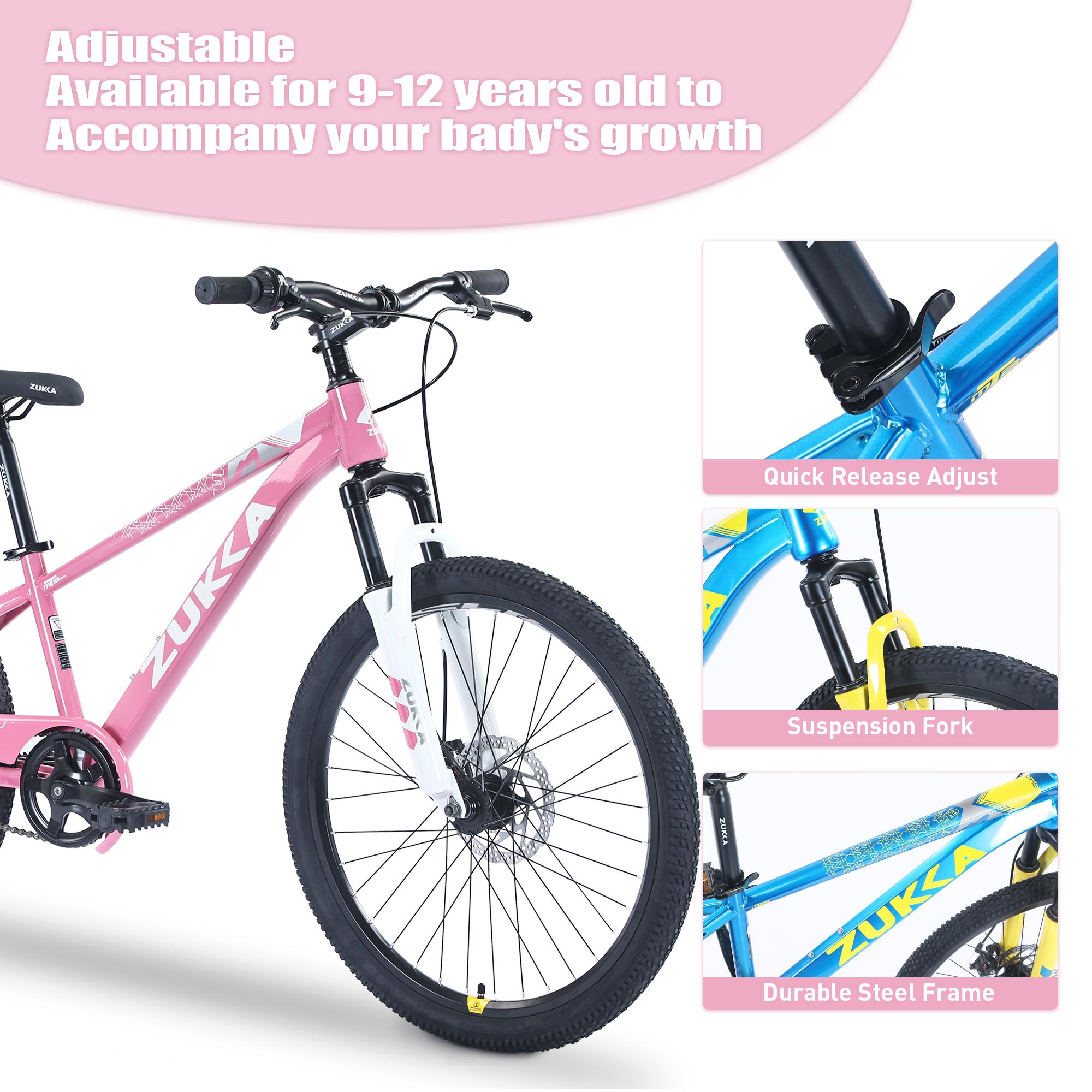 24 Inch Kids Mountain Bike for 9-12 Years Old, 56-66 Inch Rider Height, Steel Frame Double Disc Brake, Suspension Fork, Adjustable Saddle Handlebar, Anti-Slip Pedal, Single Speed Outdoor Bike for Pavement Mud Gravel Snow Road