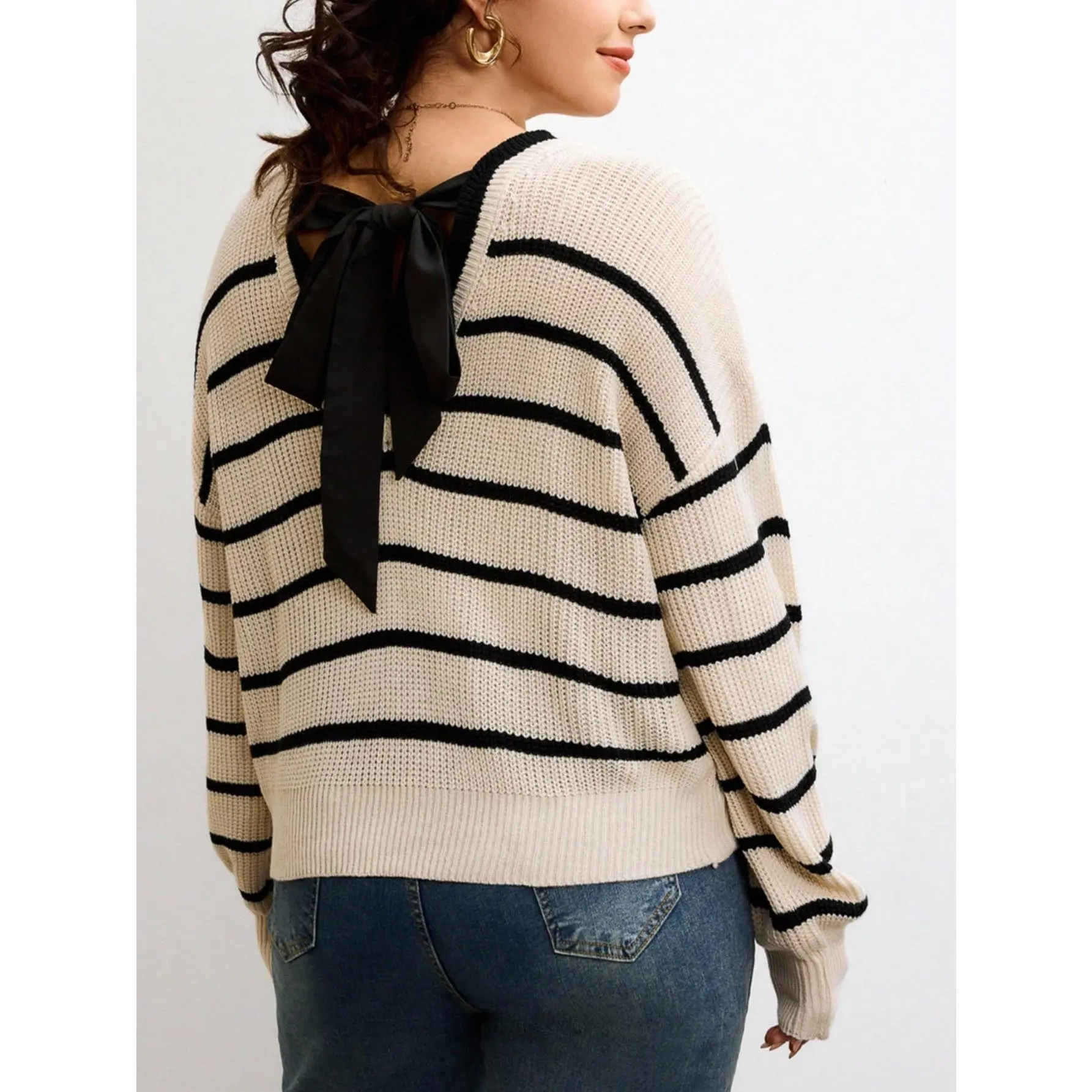 Plus Size Fall Striped Sweaters Bow Back Lightweight Sweater Oversized Knit Top Long Sleeve V Neck Pullovers