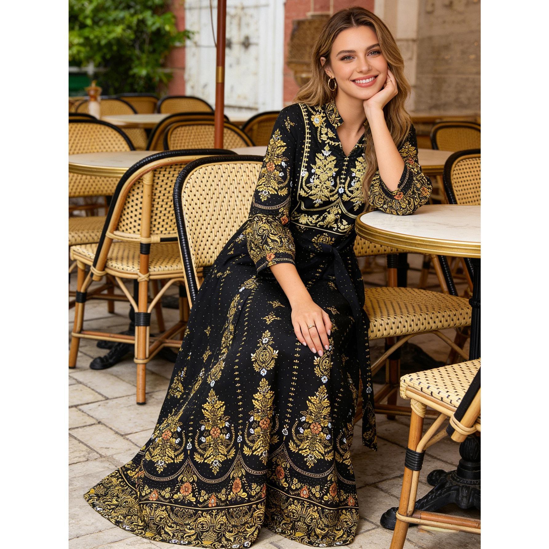 Luxury Gold & Black Baroque Maxi Dress Elegant Belted Boho Gown | Size Inclusive S-4XL | Perfect for Wedding Guest, Evening Gala, Cruise & Vacation