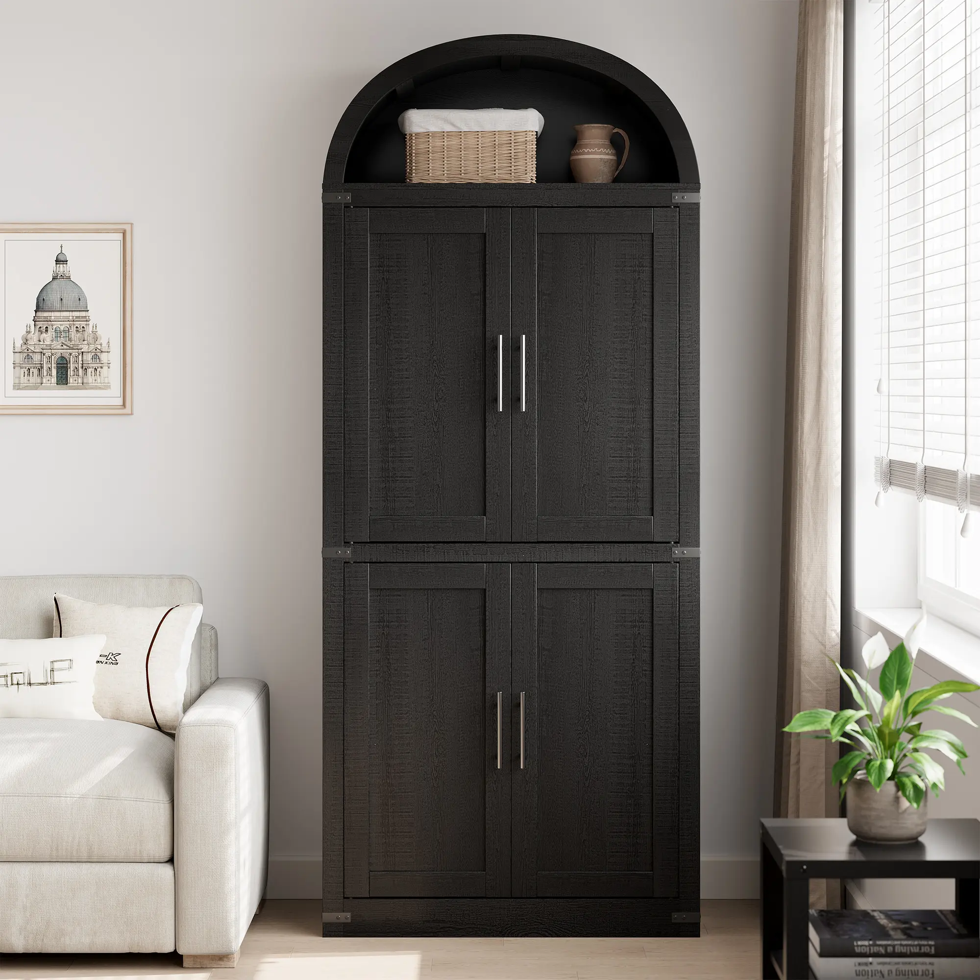 Arched 5-Shelf Bookcase with Glass Doors, Modern Wooden Display Cabinet with Storage Shelves for Books, Décor and Collectibles