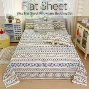 Stylish Bohemian Geometric Stripe Pattern 3 Piece Bed Sheet Set, Lightweight Breathable Skin-Safe Cotton Blend Bed Linen, Anti-Wrinkle Year-Round Hotel Quality Decorative Bedding for Single & Double Guest Beds