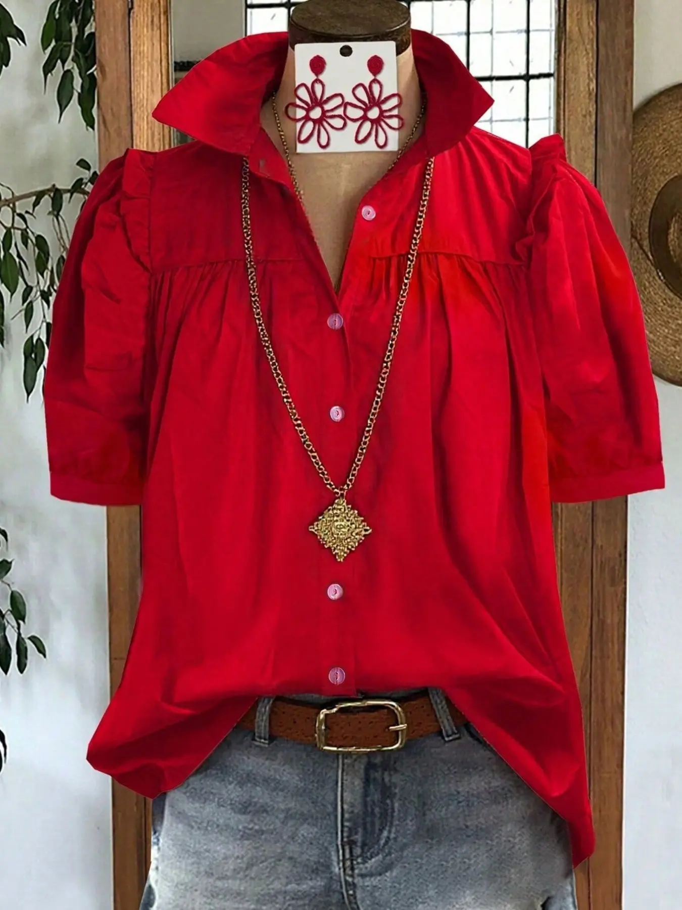 Women's Summer Casual Vacation Solid Color Pleated Wooden Earrings Button Loose Open Front Short Sleeve Shirt Blouses Tops