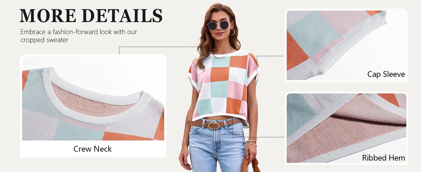 Saodimallsu Womens Cap Sleeve Crop Tops Summer Color Block Going Out Crew Neck Knit Trendy Casual Sweater