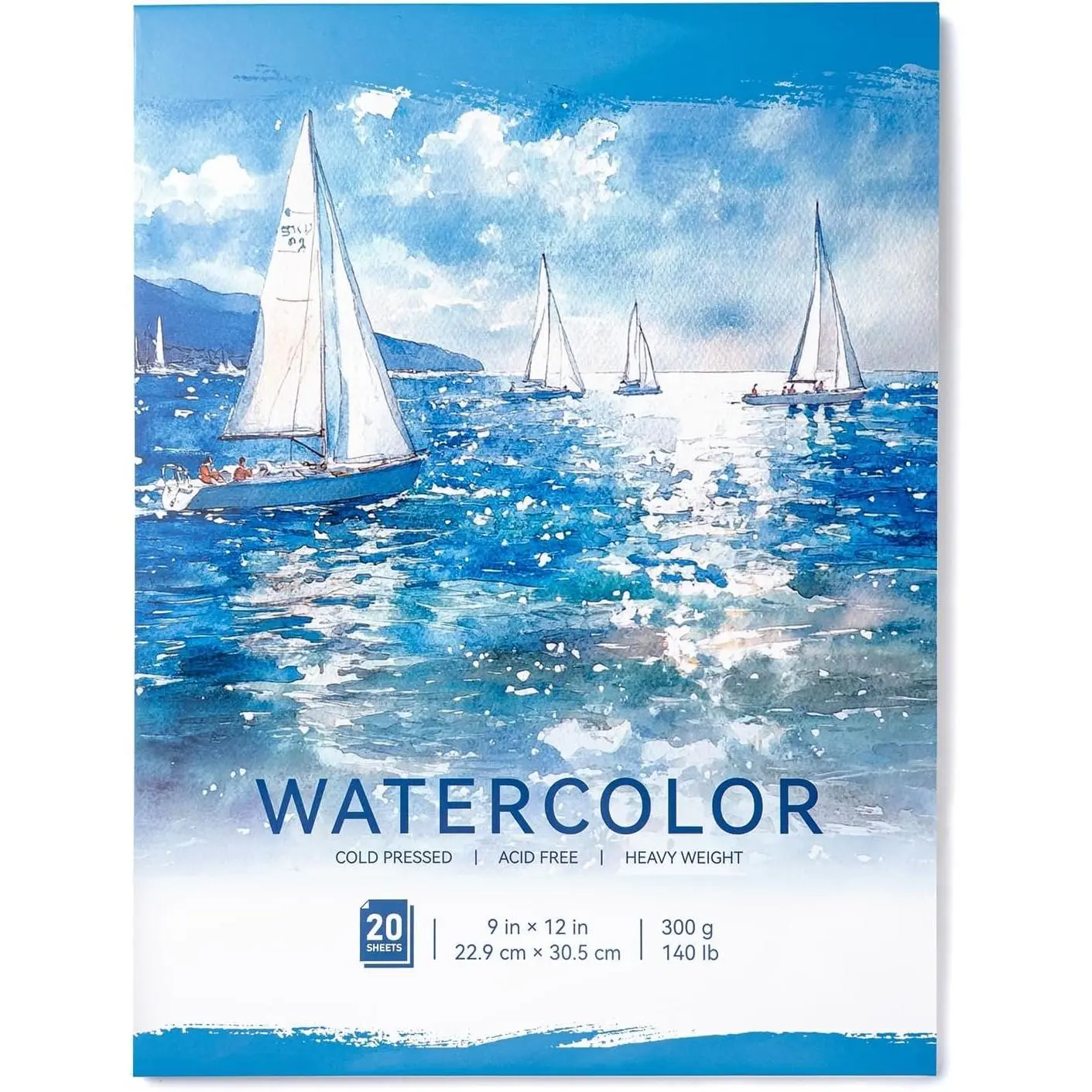 Watercolor Paper Pad 9"x12", 300gsm/140lb, Cold Press Water Color Paper, Acid-Free, for Wet & Dry Media, Watercolor, Gouache & Sketching, 20 Sheets,  for Students and Artists