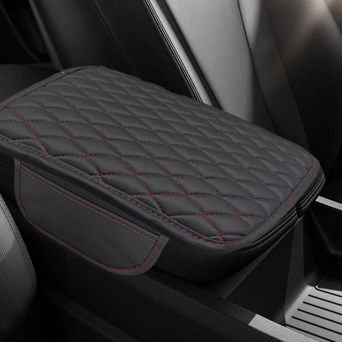 Center Console Cover,  Armrest Cover Cushion, Leather Support Pad with 2 Storage Bags,  Interior Decorative Accessory for  , SUVs, , RVs (Red)