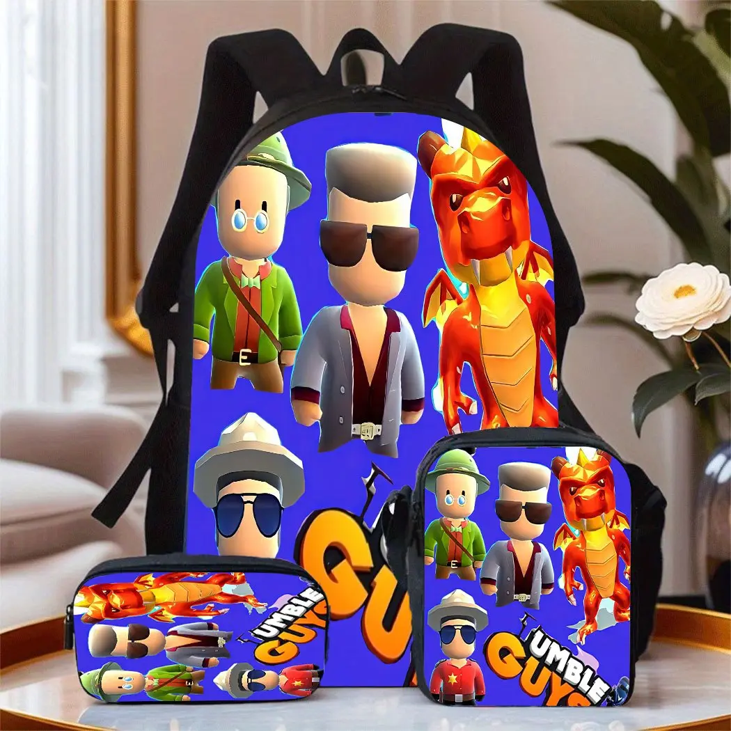 Durable Water Resistant 3-Piece Backpack Set for Students, Backpack + Insulated Lunch Bag + Pencil Case, Stumble Guys Game Character Collage Bright Blue Background Print, Breathable Padded Straps Fits 15 Inch Laptop