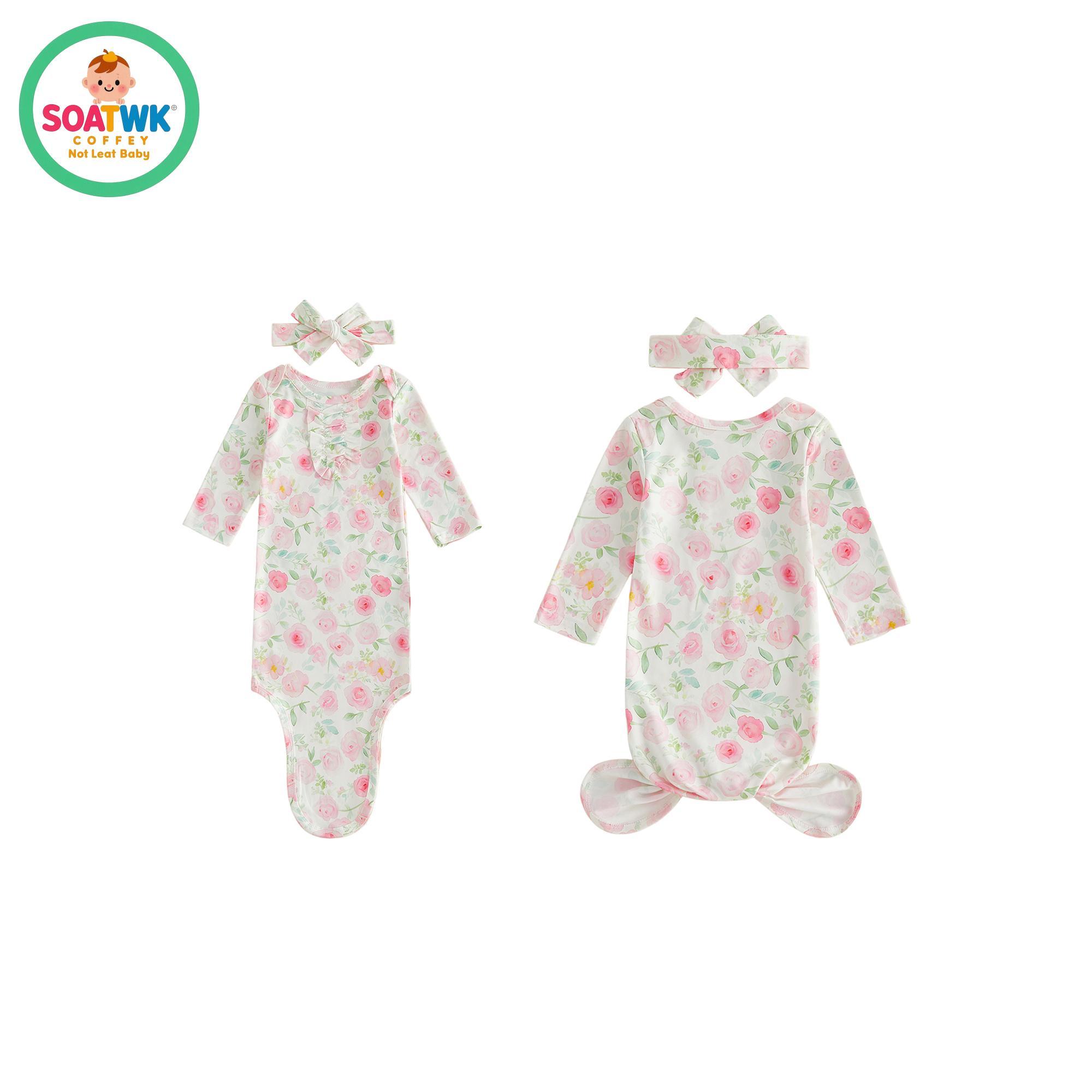 Newborn Sleeping Bags Floral Print Crew Neck Short Sleeve Knotted Swaddle Baby Girls Sleep Sack with Matching Headband