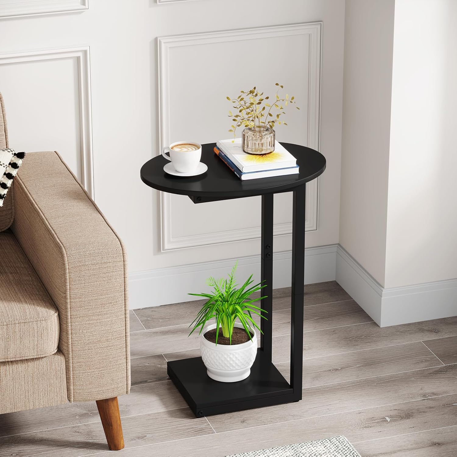 Small Side Table End Table, C-Shaped  Coffee Table TV Tray for Eating Couch Tables for Small Space, Living Room, (Black)
